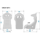 The dimensions of the black Sparco Circuit II QRT Fiberglass Racing Seat.