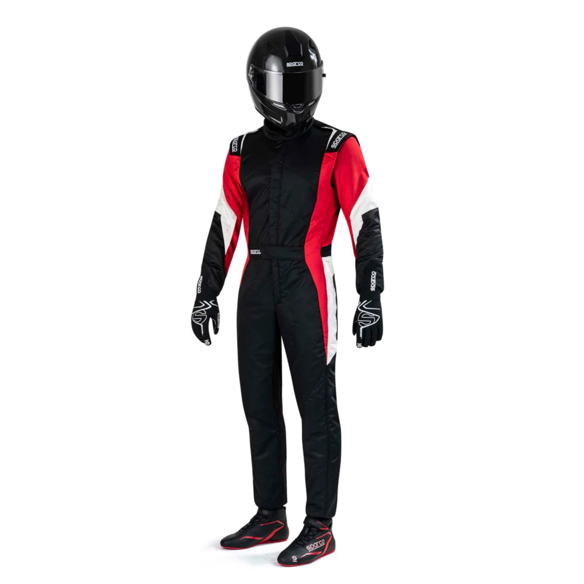 The front of the black, red and white Sparco Competition Racing Suit worn by a model driver.