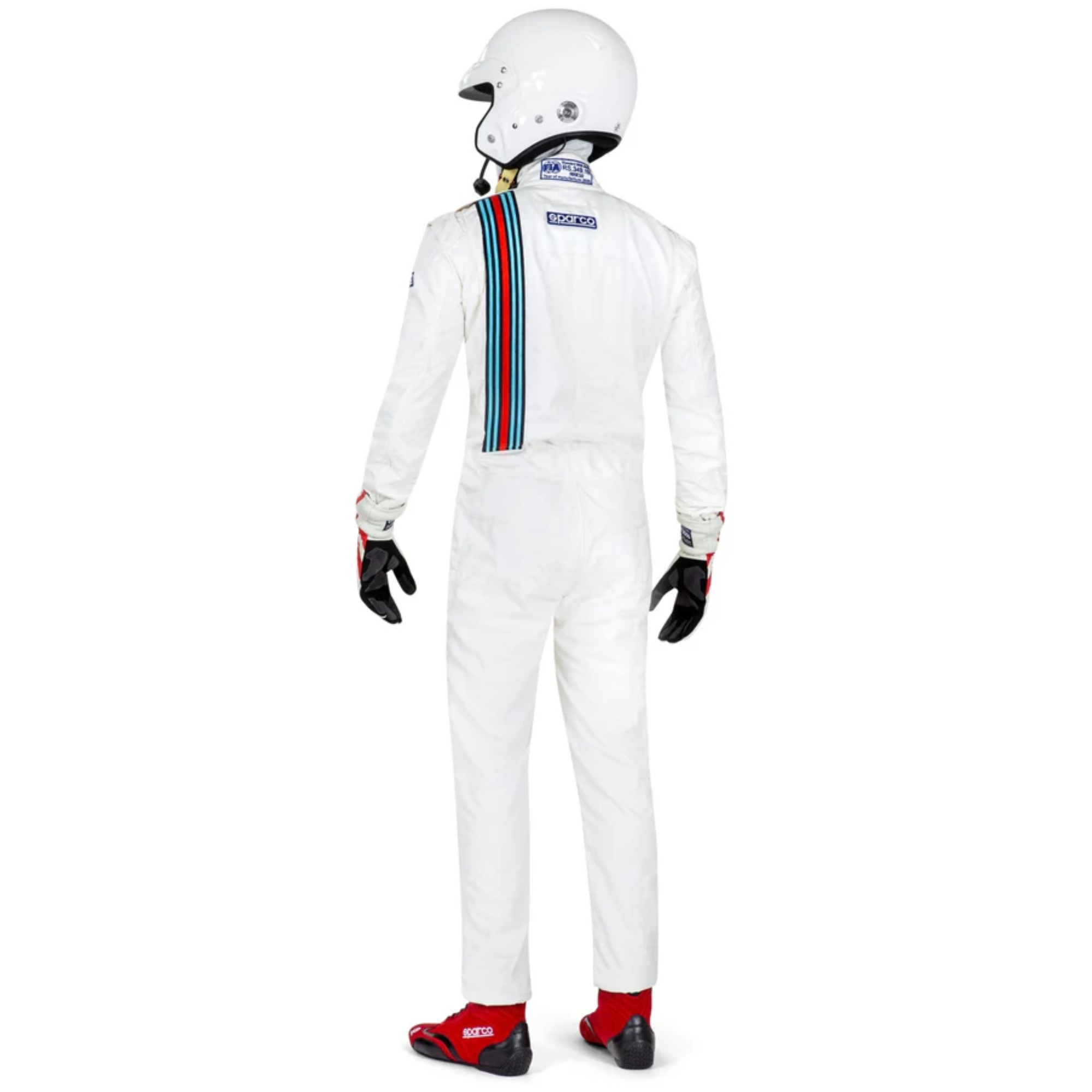 The Sparco Competition Vintage Racing Suit from Sparco worn by a driver showing the back.