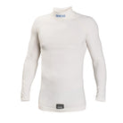 The FIA 8856-2000-rated Sparco Delta RW-6 Fire-Resistant Racing Undershirt is a white long-sleeve shirt with the Sparco logo on the neck.