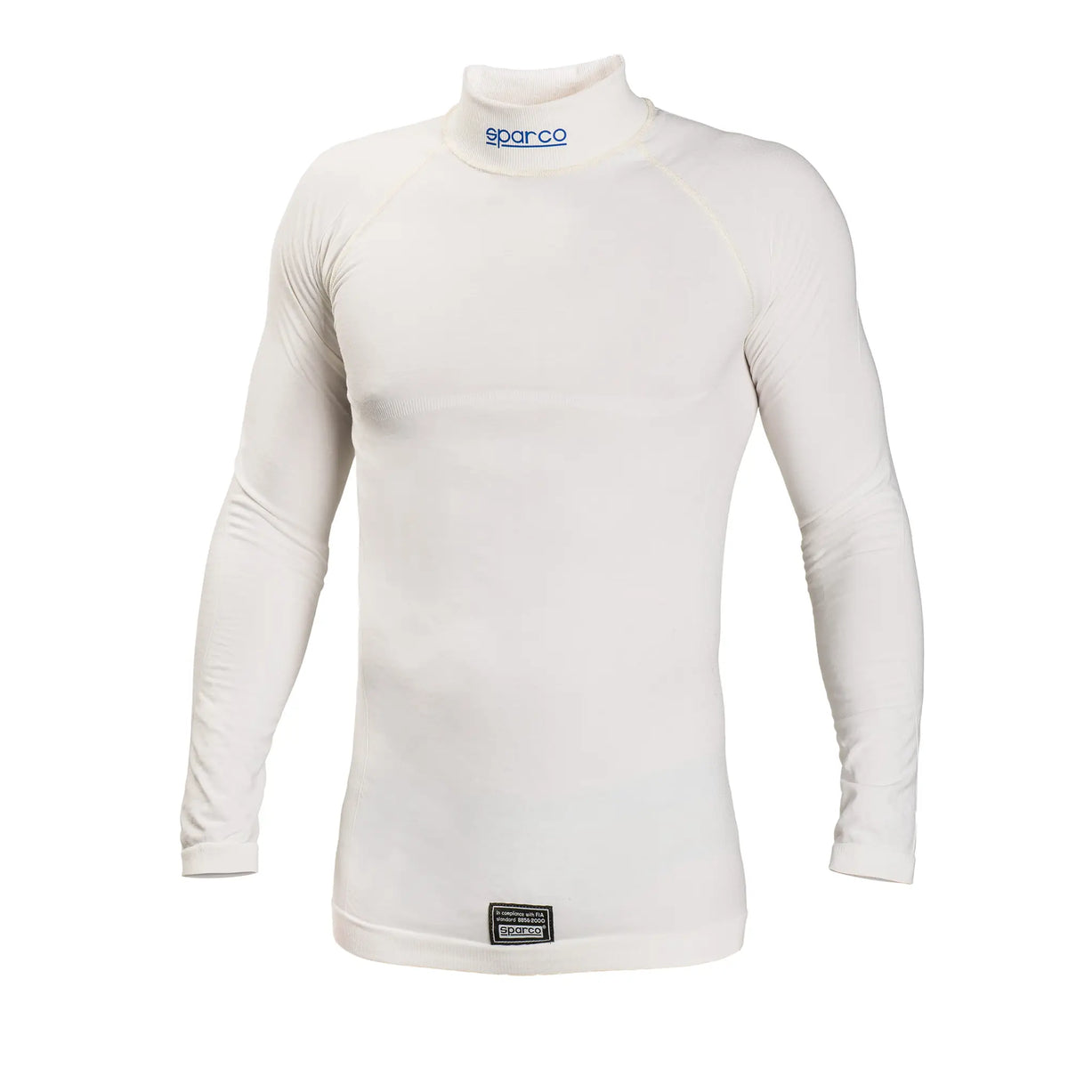 The FIA 8856-2000-rated Sparco Delta RW-6 Fire-Resistant Racing Undershirt is a white long-sleeve shirt with the Sparco logo on the neck.