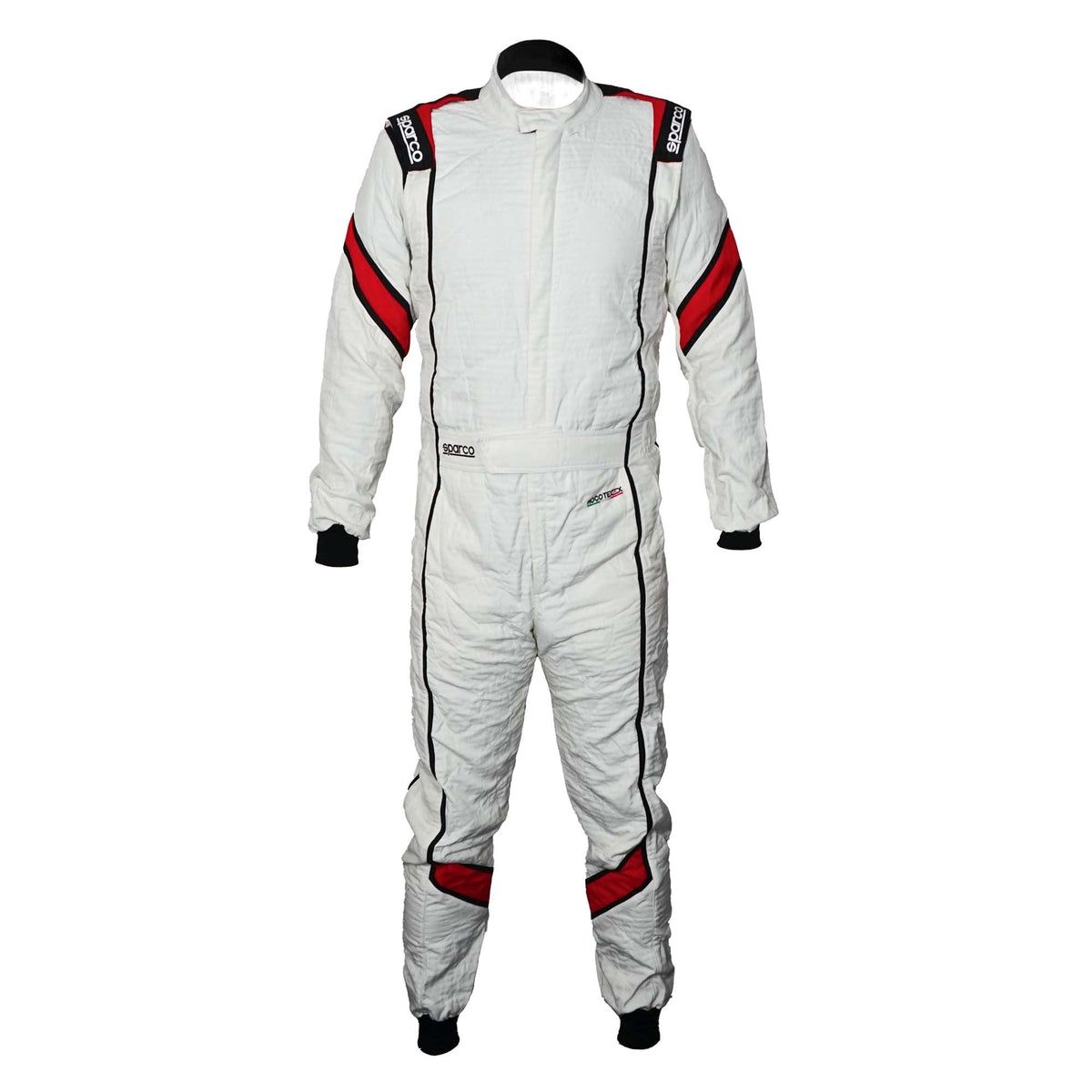 The front of the white Sparco Eagle LT Racing Suit from the front.