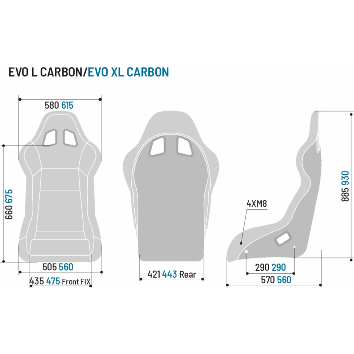 The dimensions of the Sparco Evo L Performance Carbon Racing Seat.