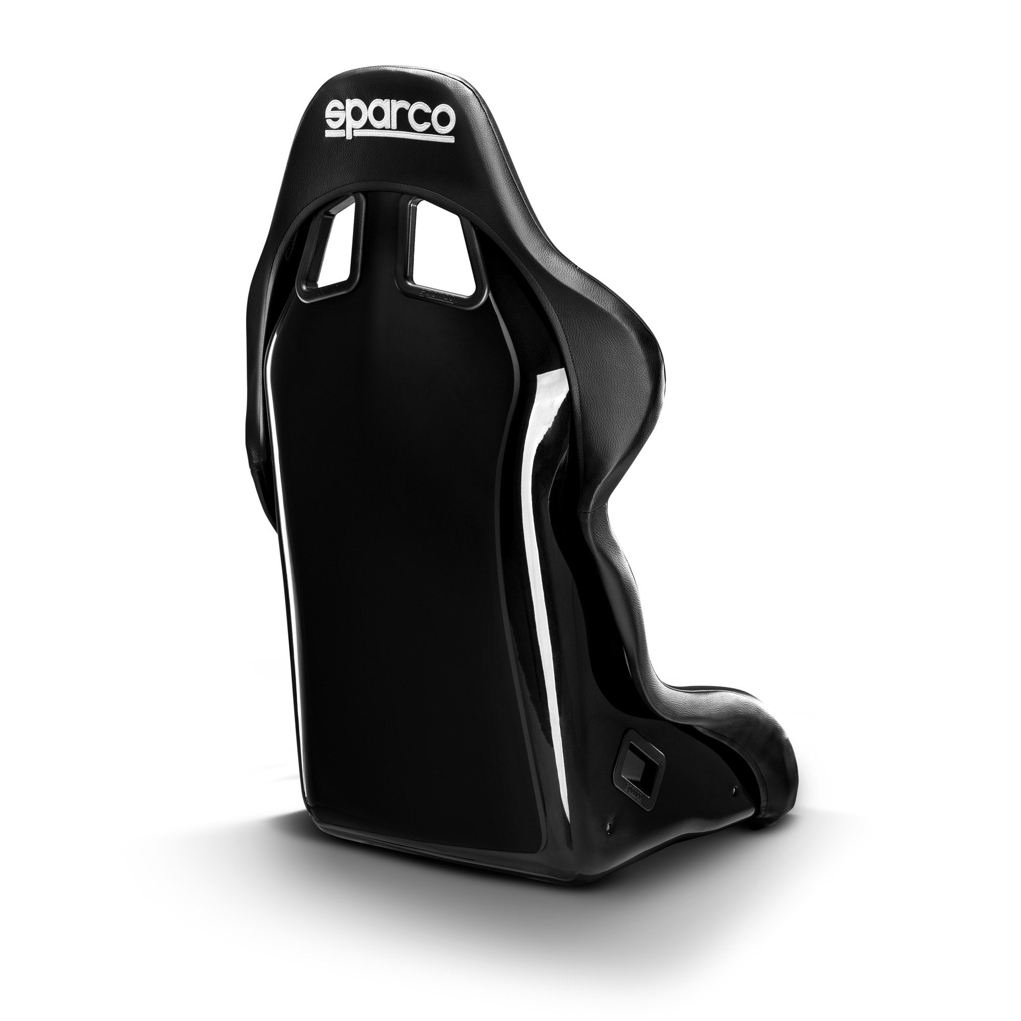 The back of the Sparco Evo QRT Sky Fiberglass Racing Seat at an angle.