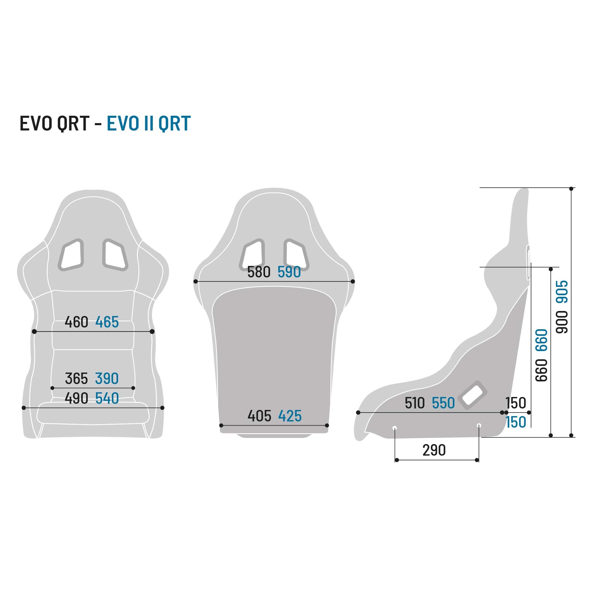 The dimensions of the Sparco Evo QRT Sky Fiberglass Racing Seat.
