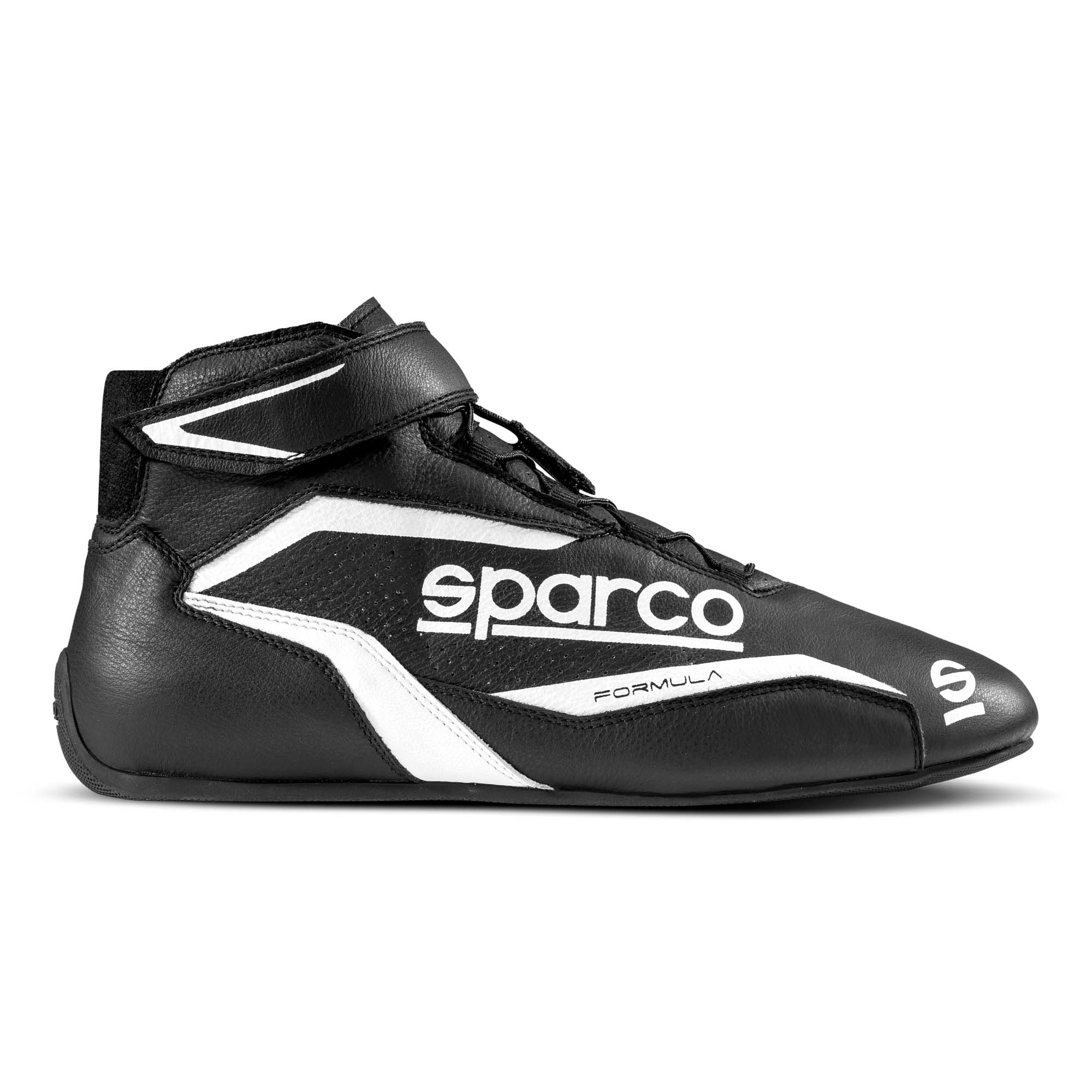 The side of the black and white Sparco Formula Racing Shoes.
