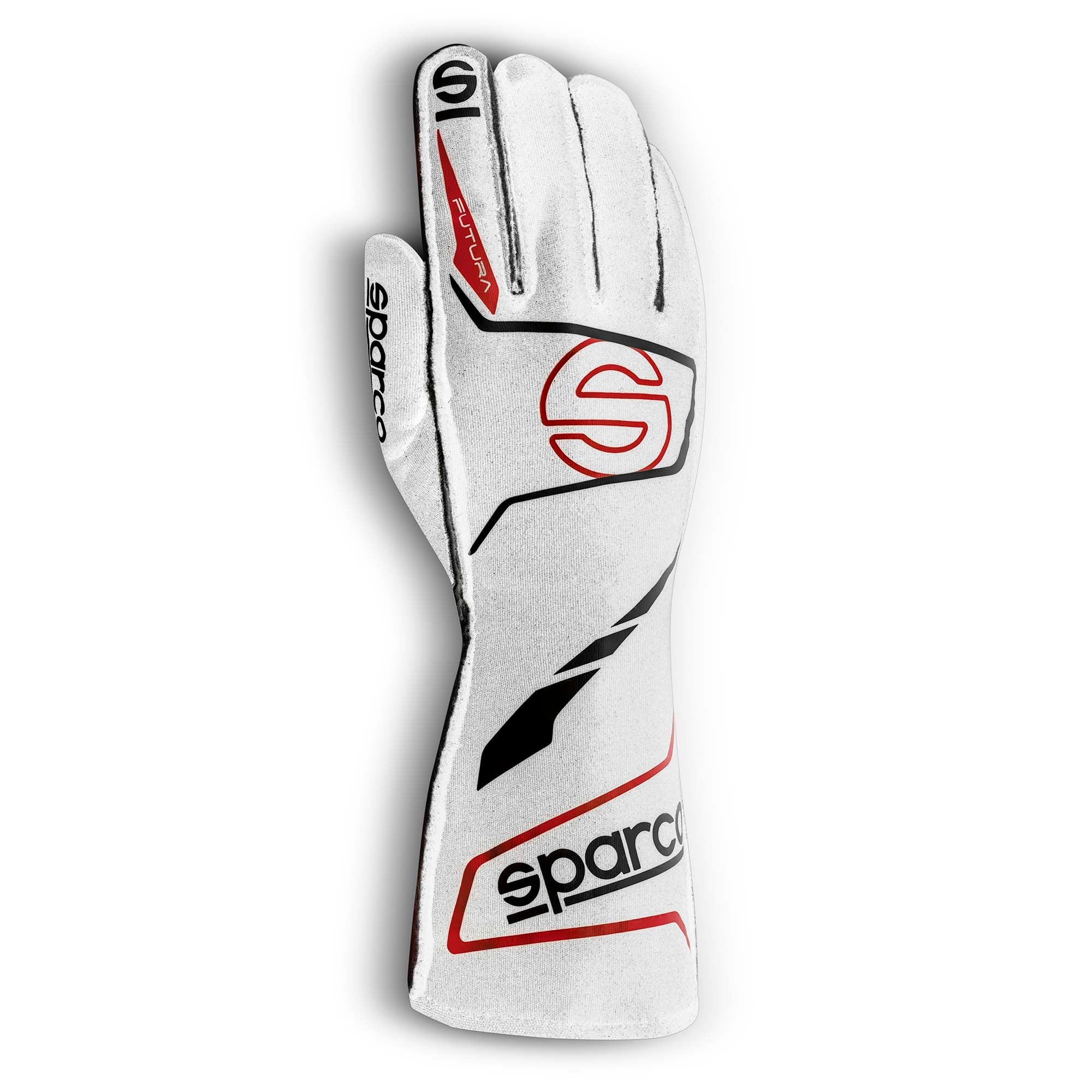 The white and black Sparco Futura Racing Gloves.