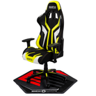 A Sparco racing-style gaming chair in black, neon yellow, and white, mounted on the Sparco Gaming Chair Floor Mat with red accents. The Sparco brand logo is clearly visible on the headrest, side bolsters, and base pad.