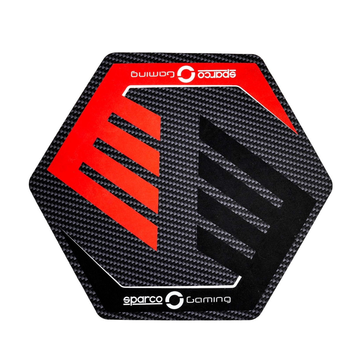 A hexagonal gaming accessory, the Sparco Gaming Chair Floor Mat, featuring a black carbon fiber pattern with bold red graphic accents and white Sparco Gaming branding, shown on a plain white background.