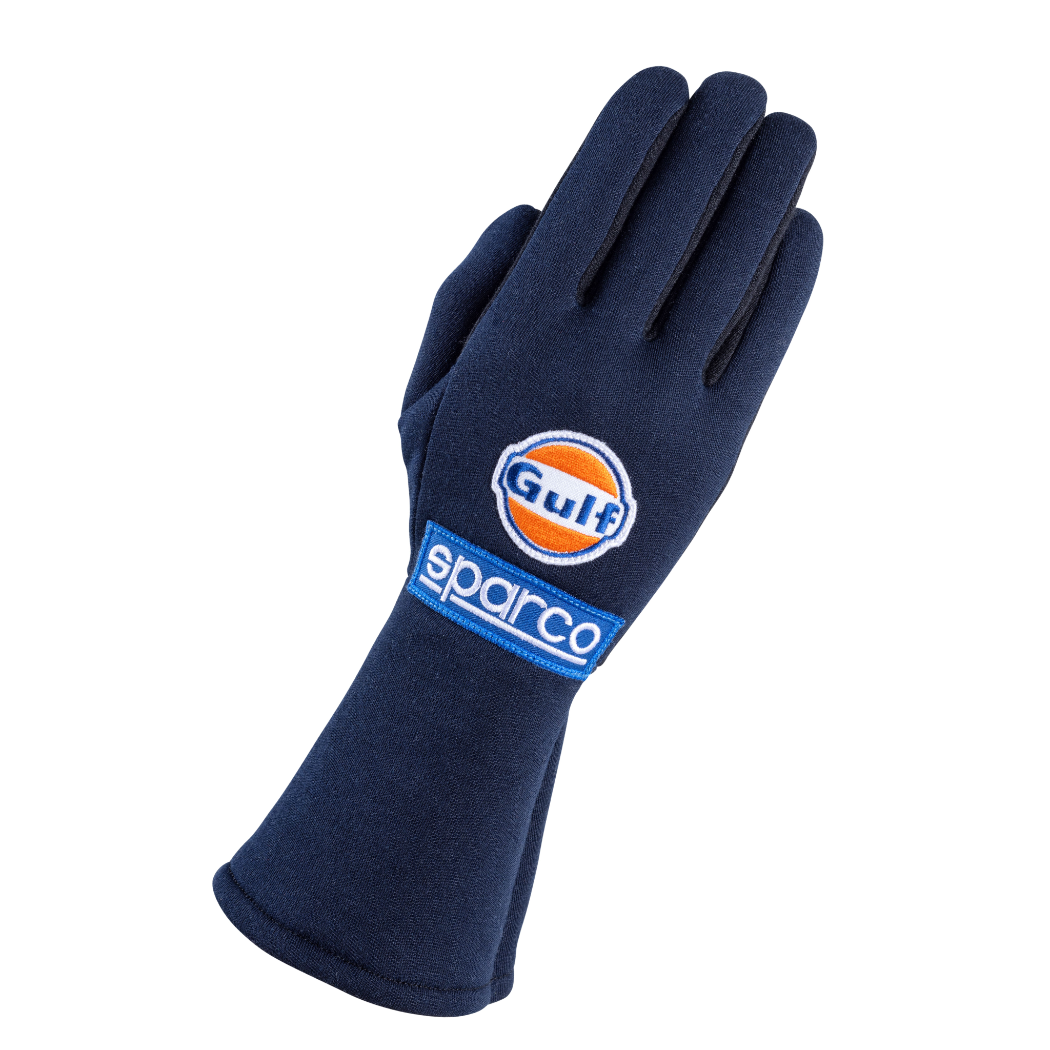 The back of the navy Sparco Gulf Land Racing Gloves.