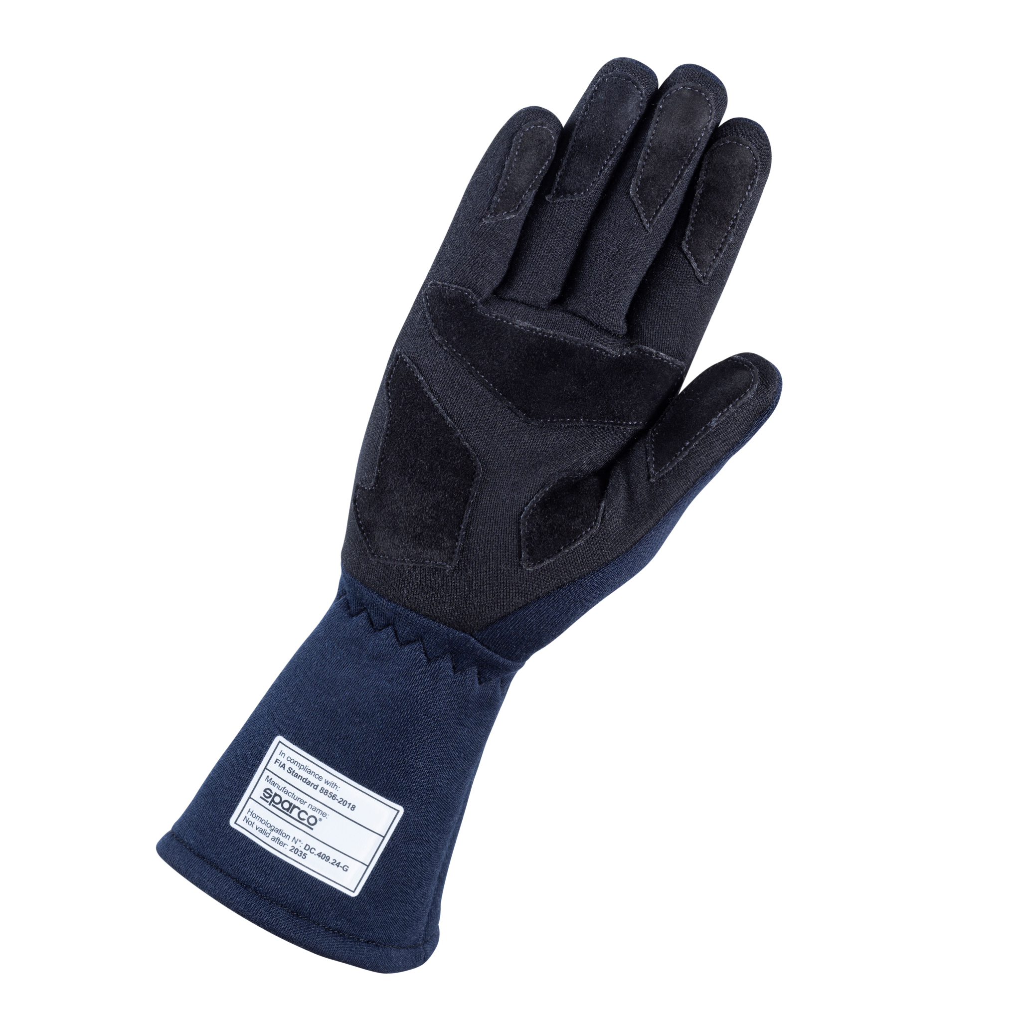The palm of the navy Sparco Gulf Land Racing Gloves.