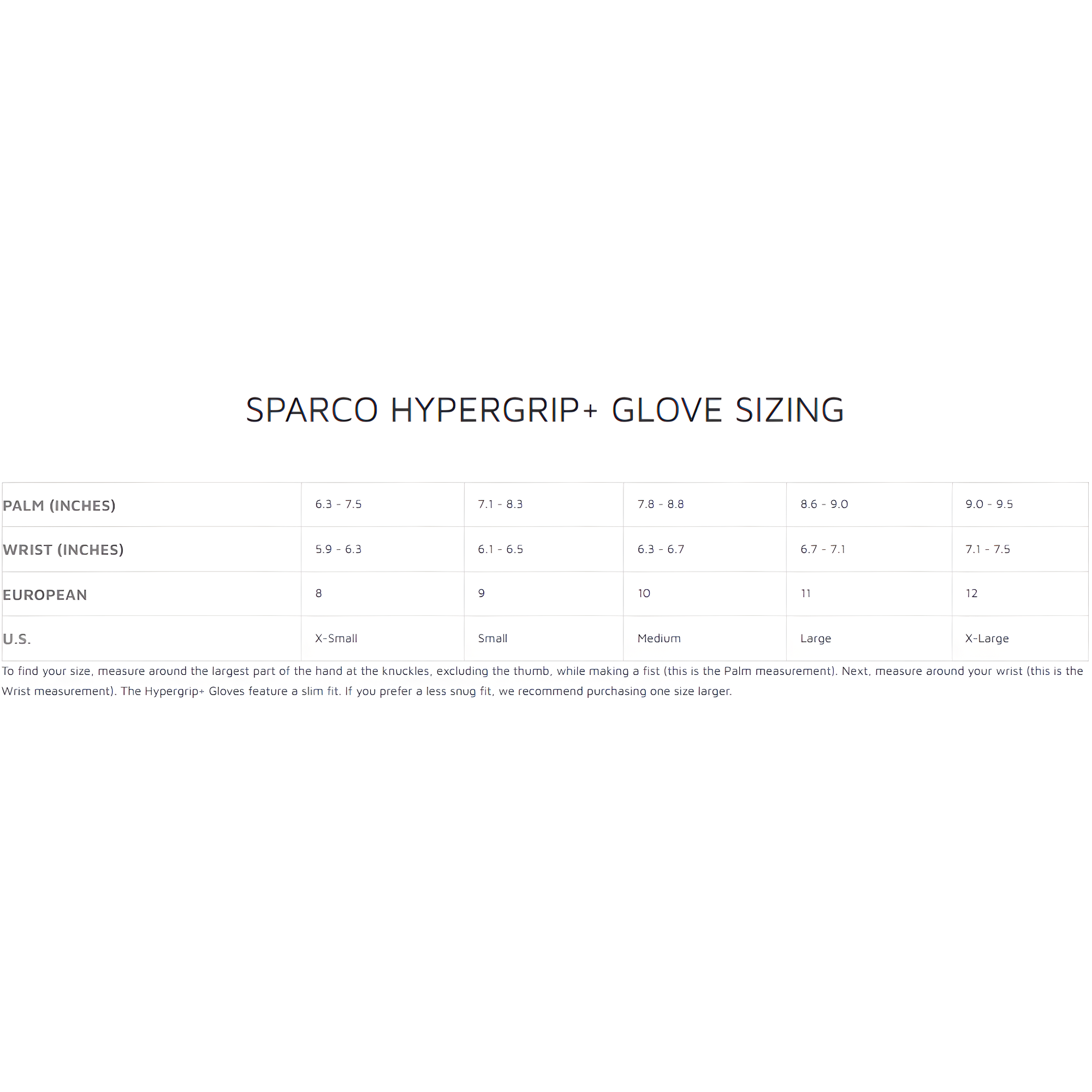 The sizing guide for the Sparco HyperGrip+ Gloves. all-groups