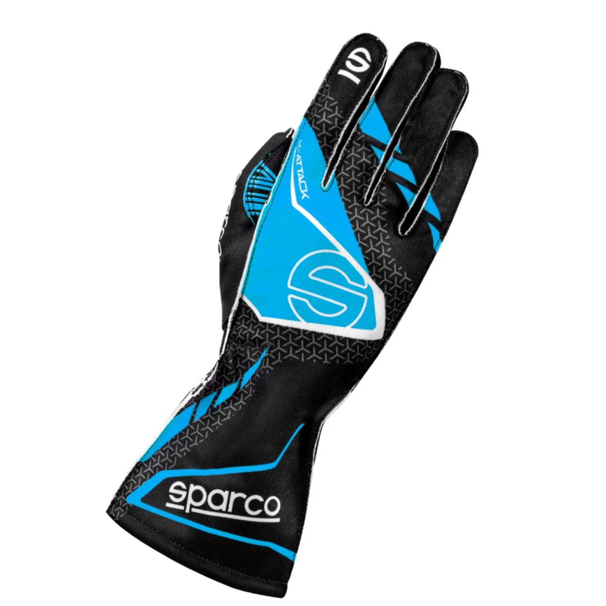 The black and celeste Sparco K-Attack Karting Gloves from Sparco.