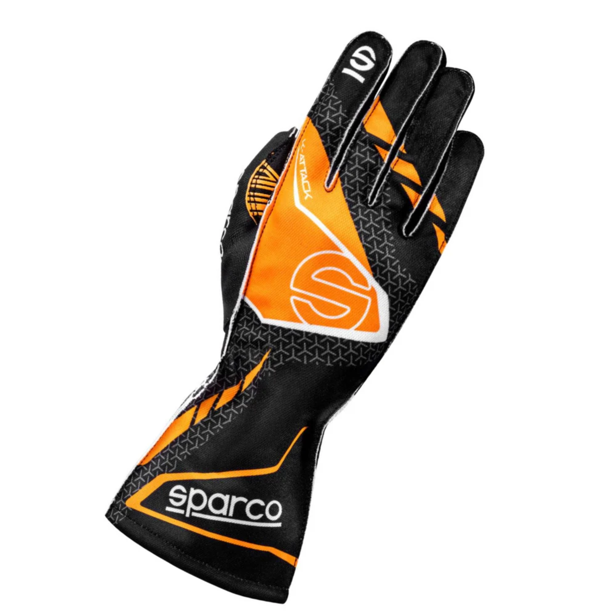 The back of the black and orange Sparco K-Attack Karting Gloves from Sparco.