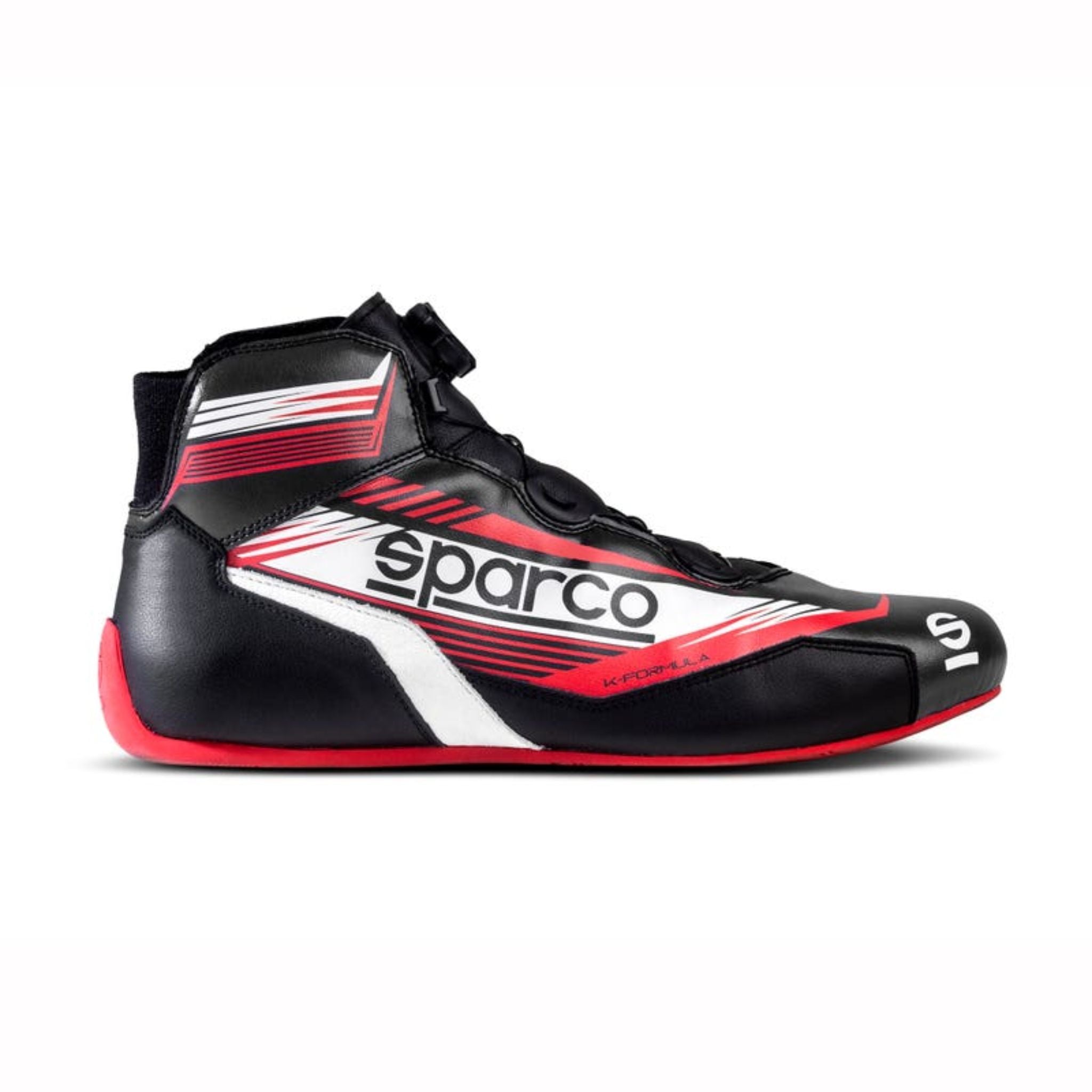 The side of the black, red and white Sparco K-Formula Infinity Karting Shoes.