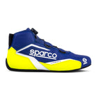 The blue and yellow Sparco K-Formula Karting Shoes from the side.