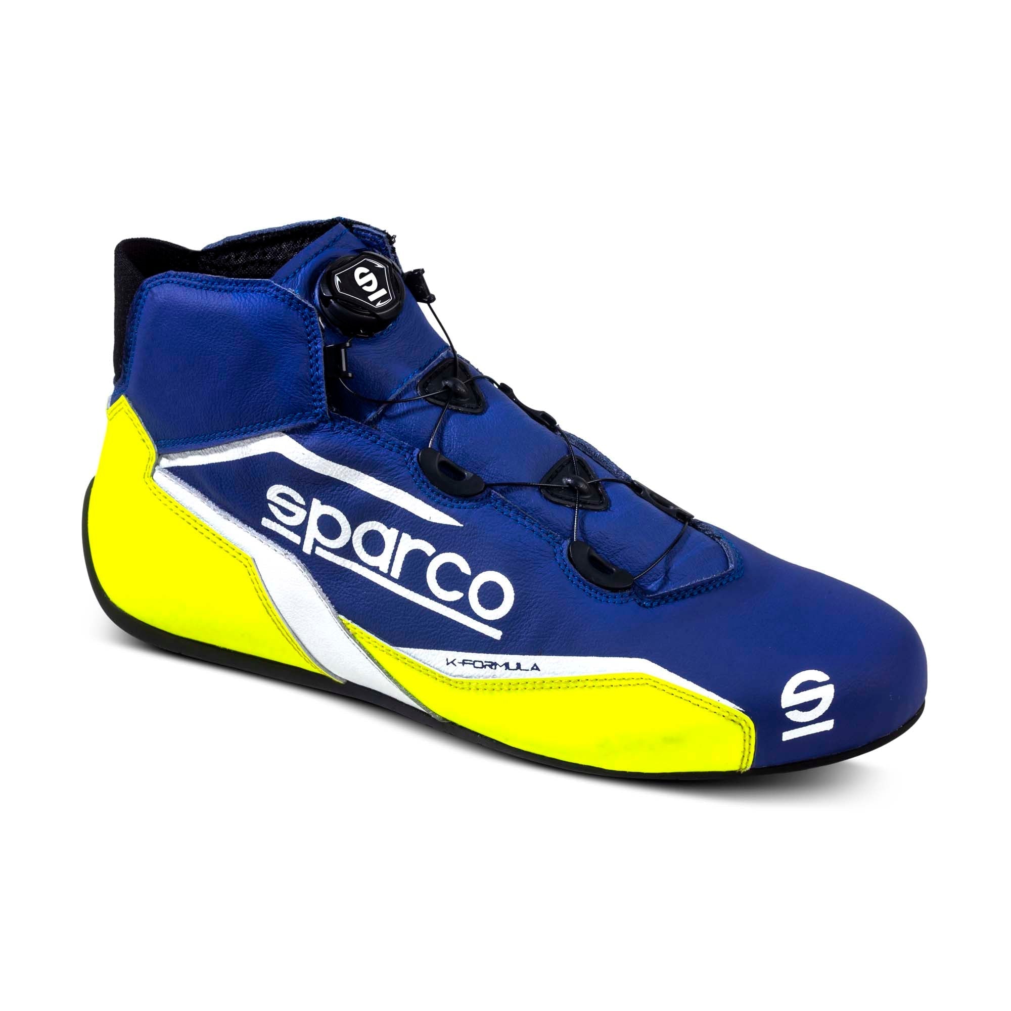 The blue and yellow Sparco K-Formula Karting Shoes.