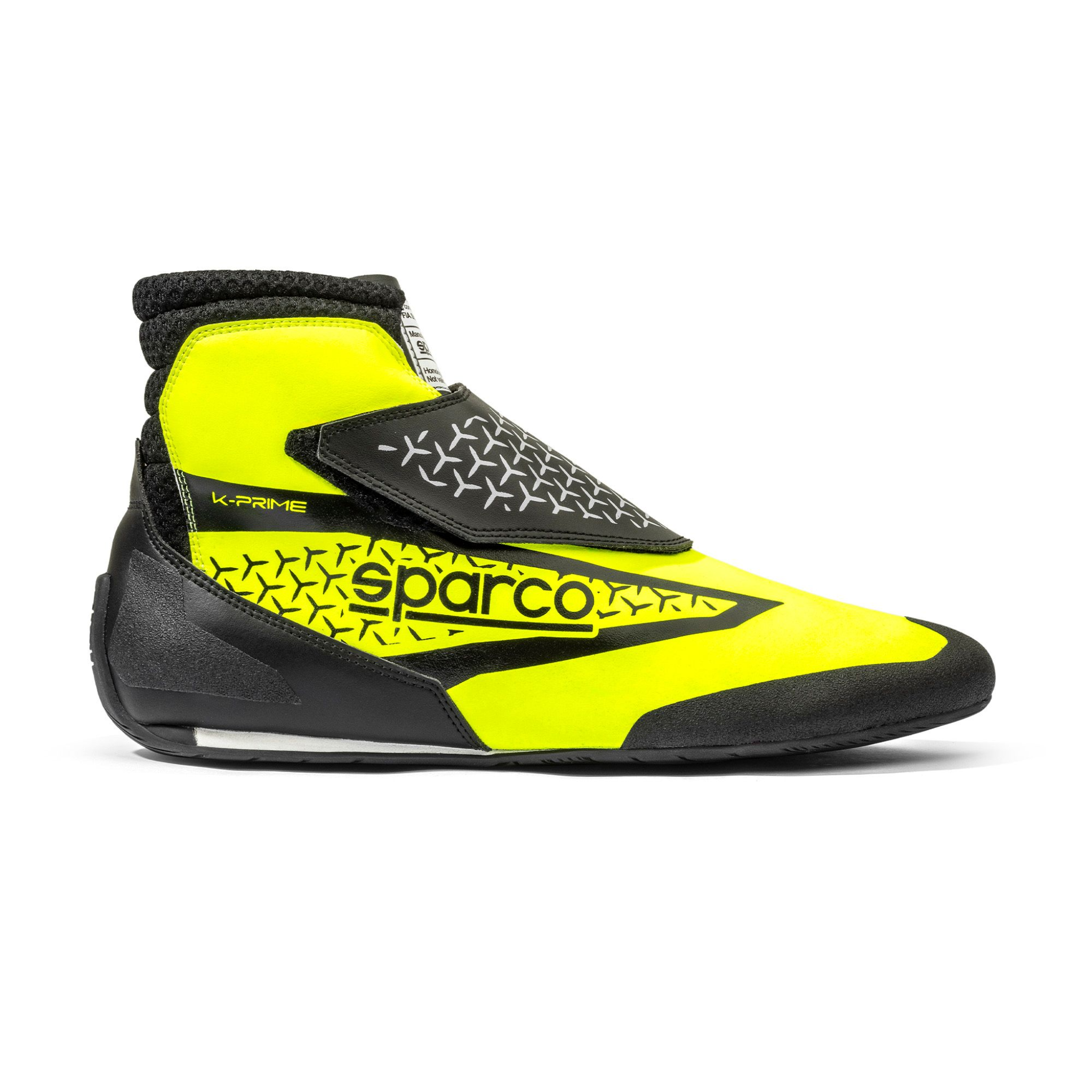 The side of the yellow and black Sparco K-Prime Karting Shoes.