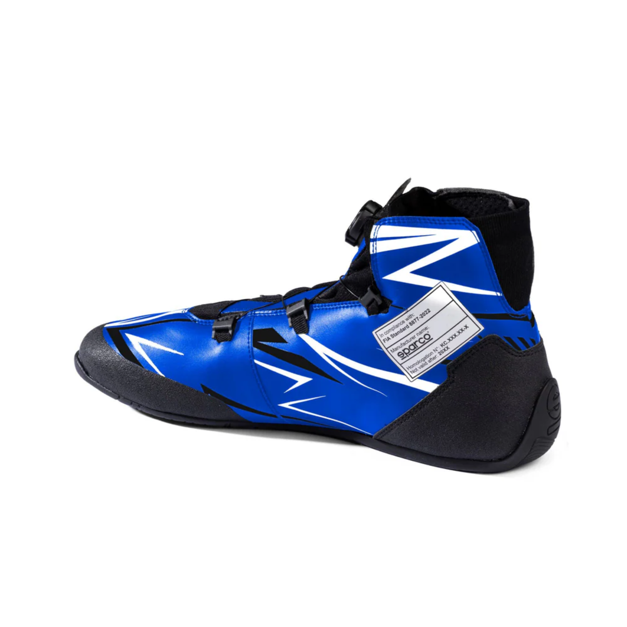 The blue and white Sparco K-Rapid Karting Shoes from Sparco showing the inside of the shoe and the label.