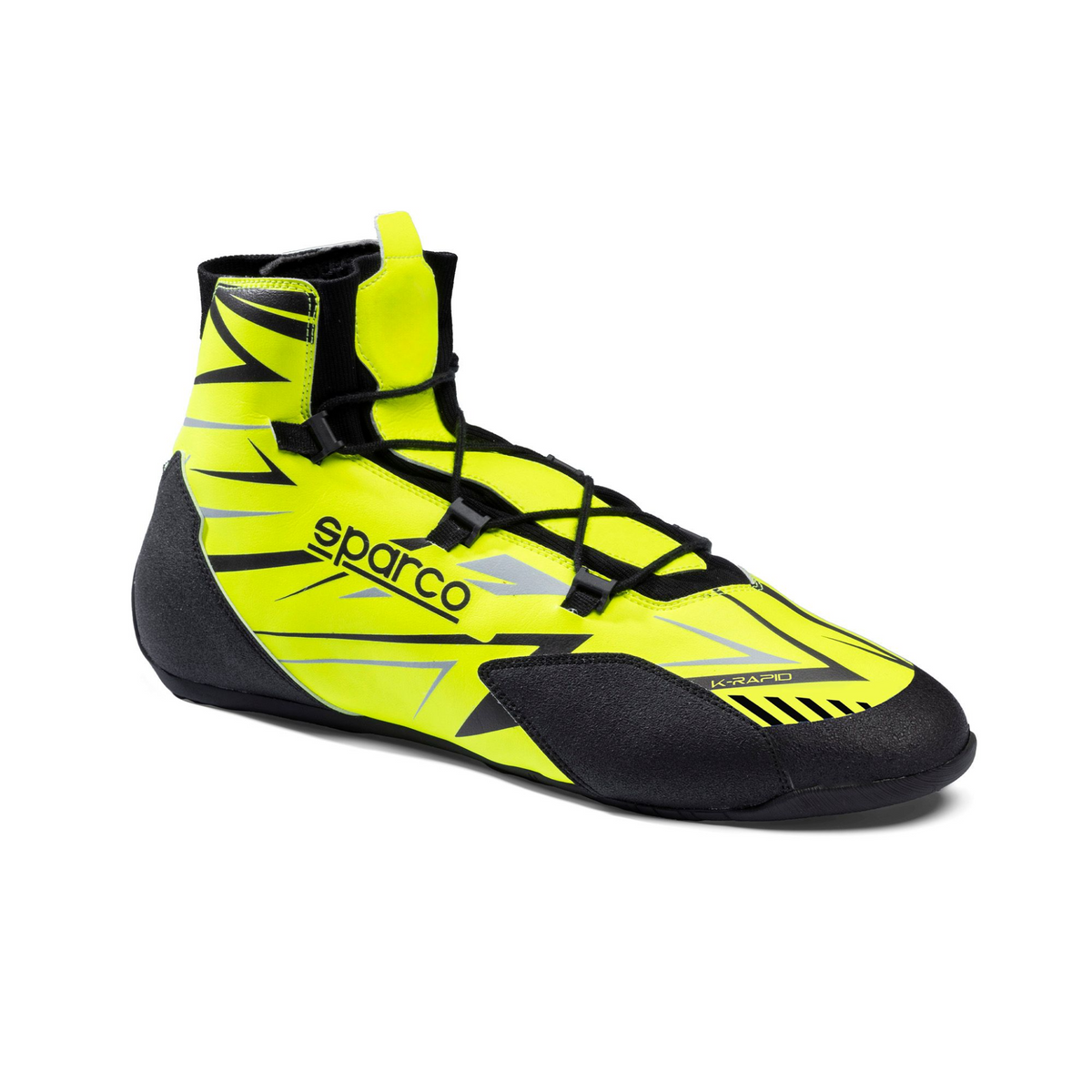 The FIA 8877-2022 homologated yellow and black Sparco K-Rapid Lace Karting Shoes.