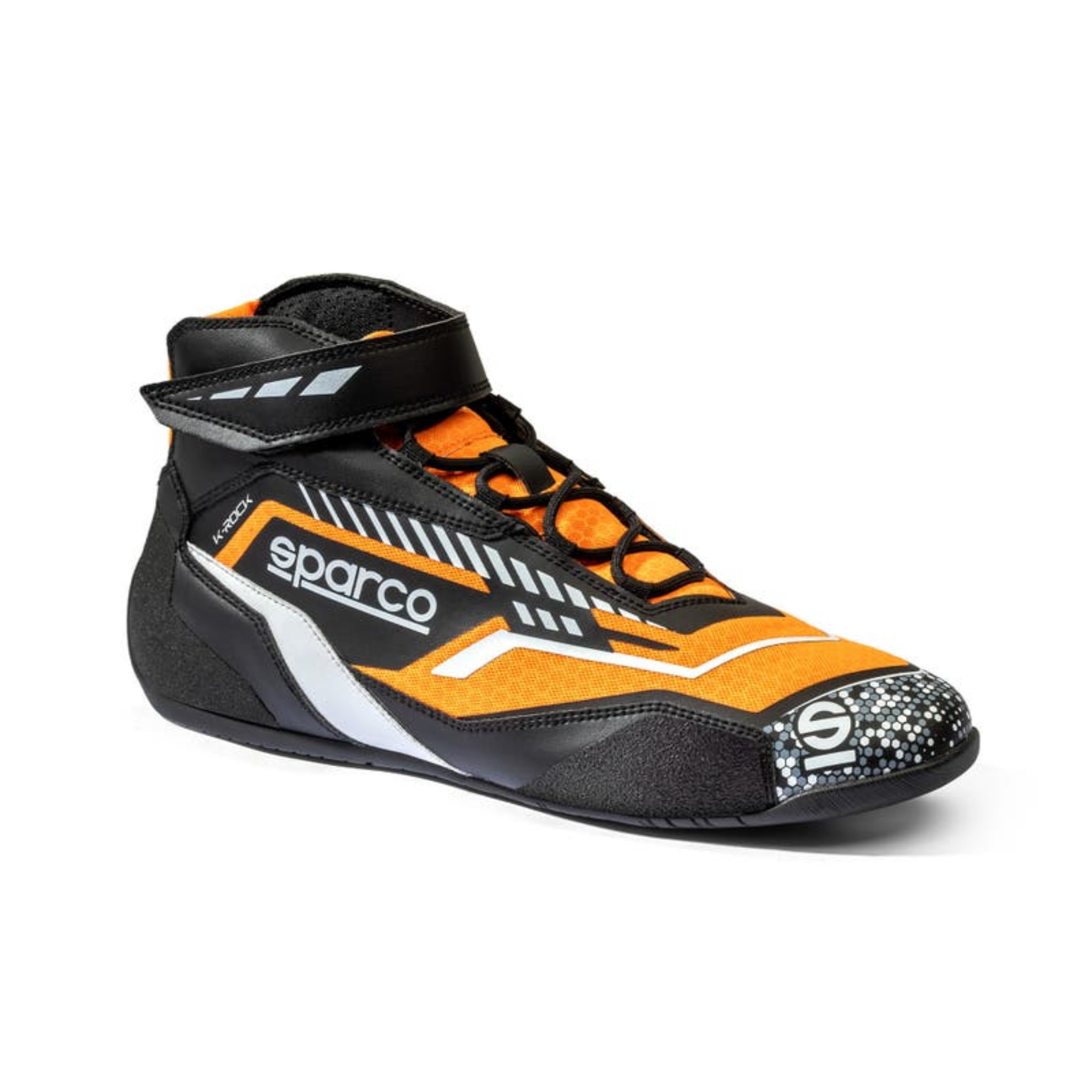 The black and orange Sparco K-Rock Karting Shoes.