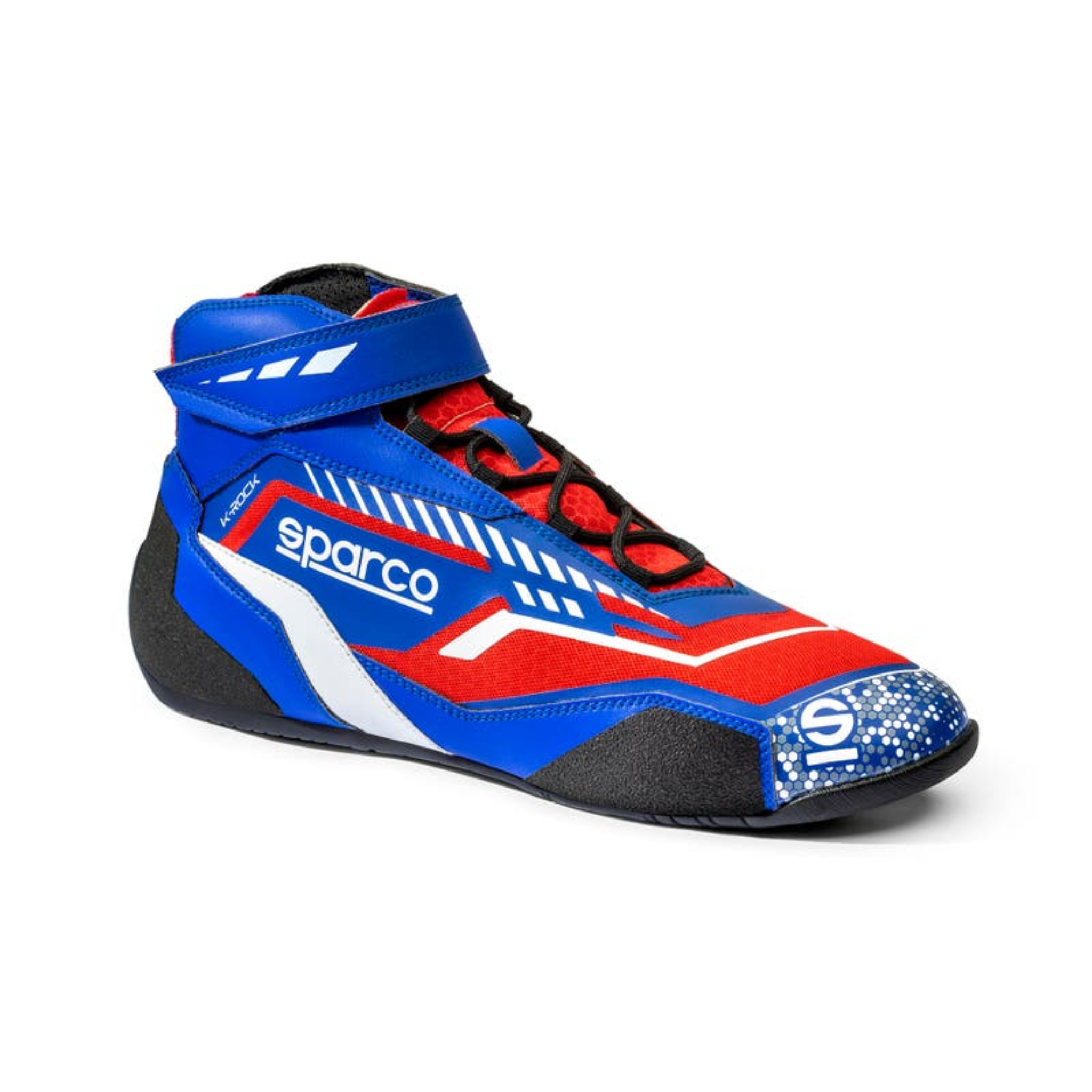 The blue and red Sparco K-Rock Karting Shoes.