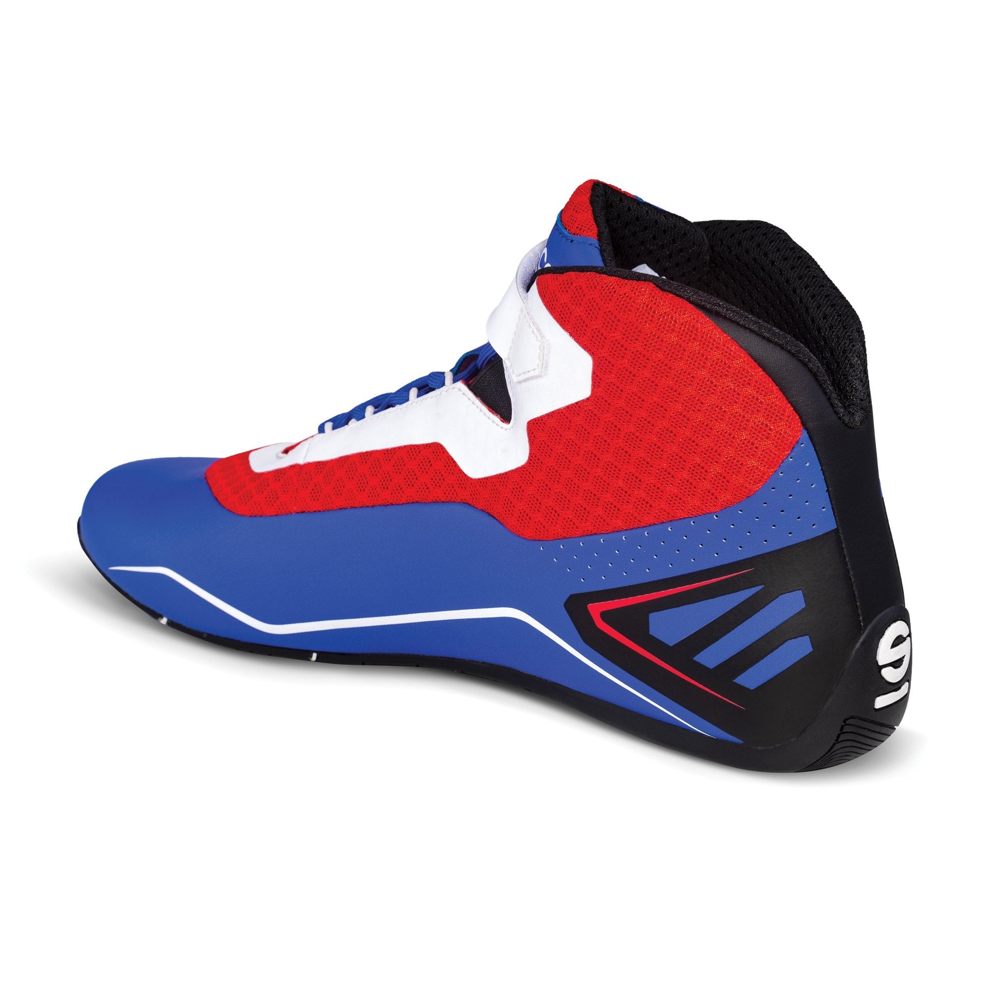 The inside of the red, white and blue Sparco K-Run Karting Shoe.