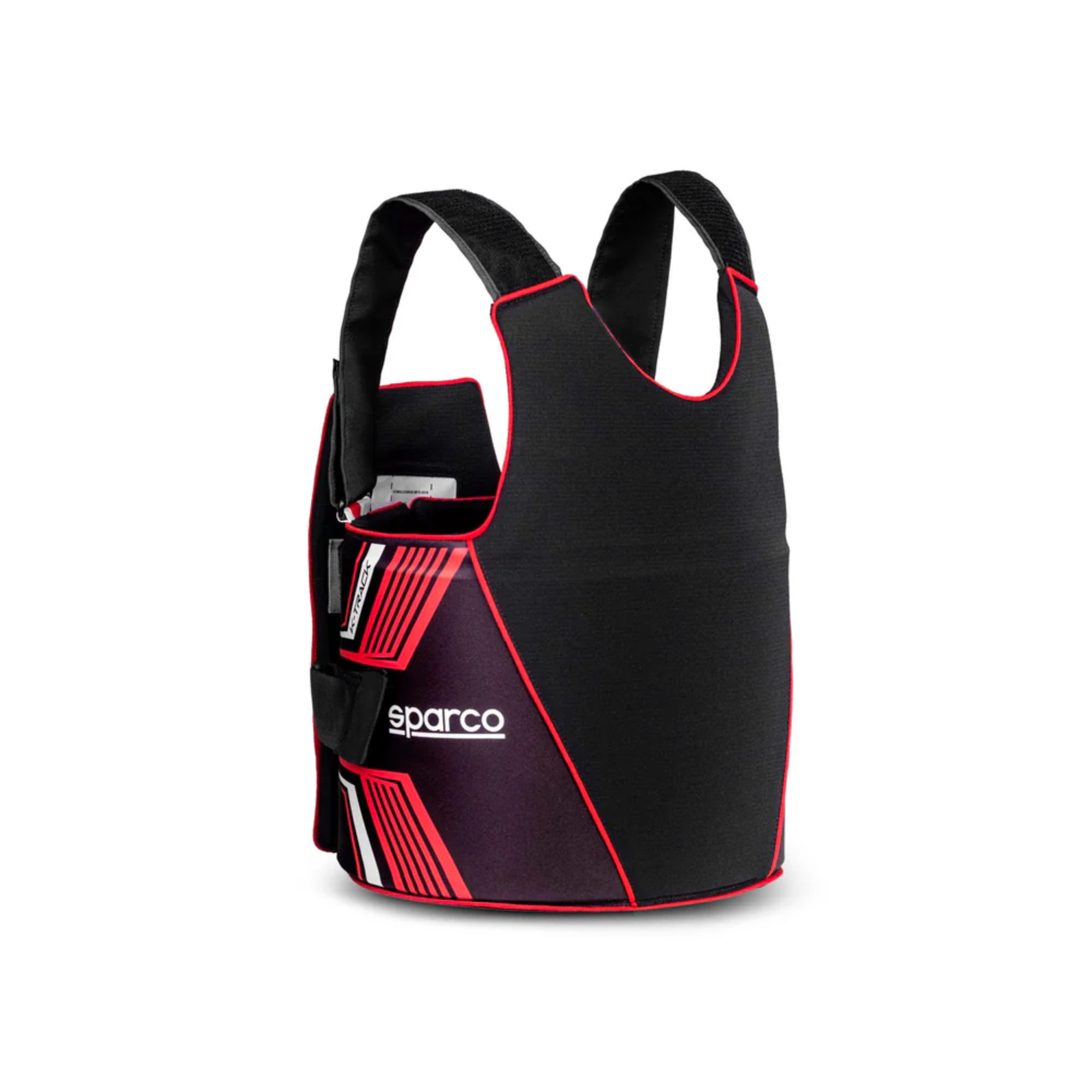 The black and red Sparco K-Track Rib Protector Vest from Sparco from the back.