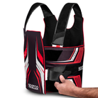 The black and red Sparco K-Track Rib Protector Vest from Sparco in a studio lifestyle photo showing the adjustable straps.