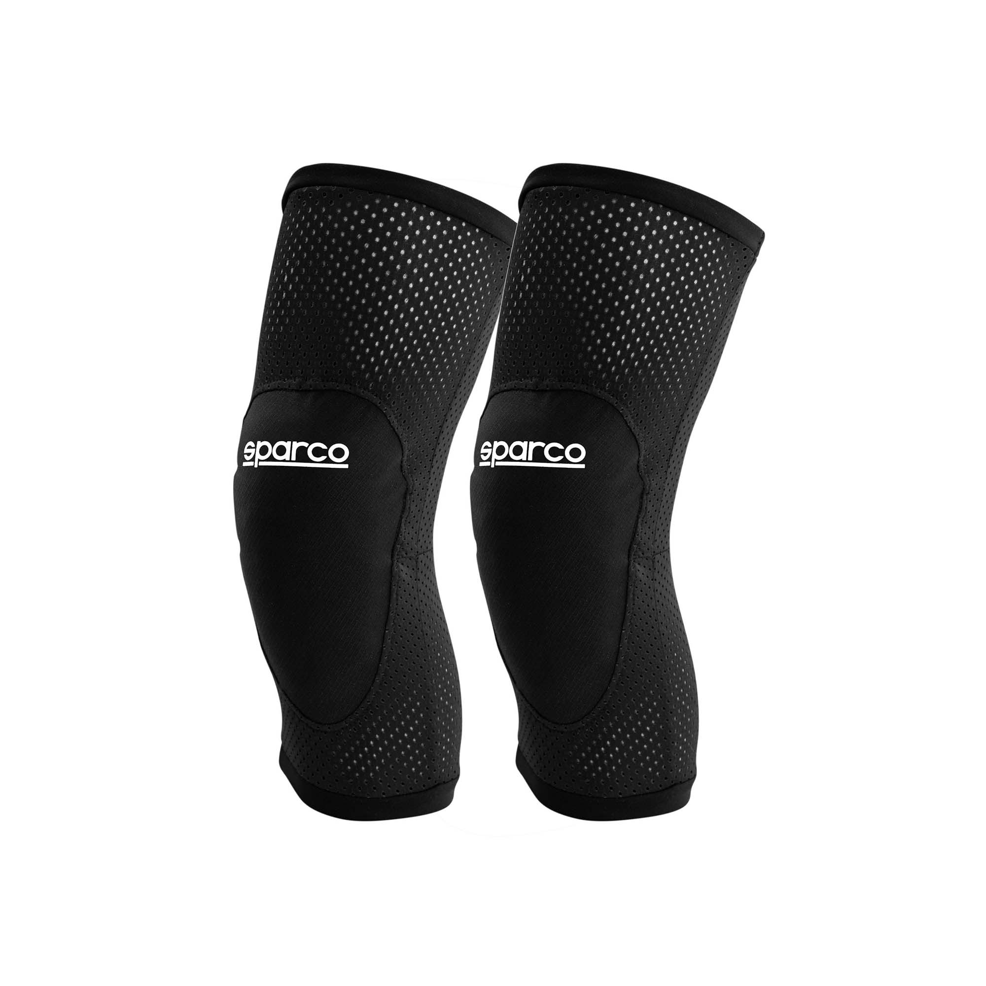 The black Sparco Karting Knee Pads with the white Sparco logo on the knee.
