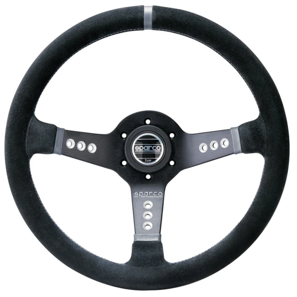 The black suede Sparco L777 Steering Wheel. A Sparco racing wheel featuring a black suede leather wrap on the rim and spokes, a black central hub, and silver metal accents.