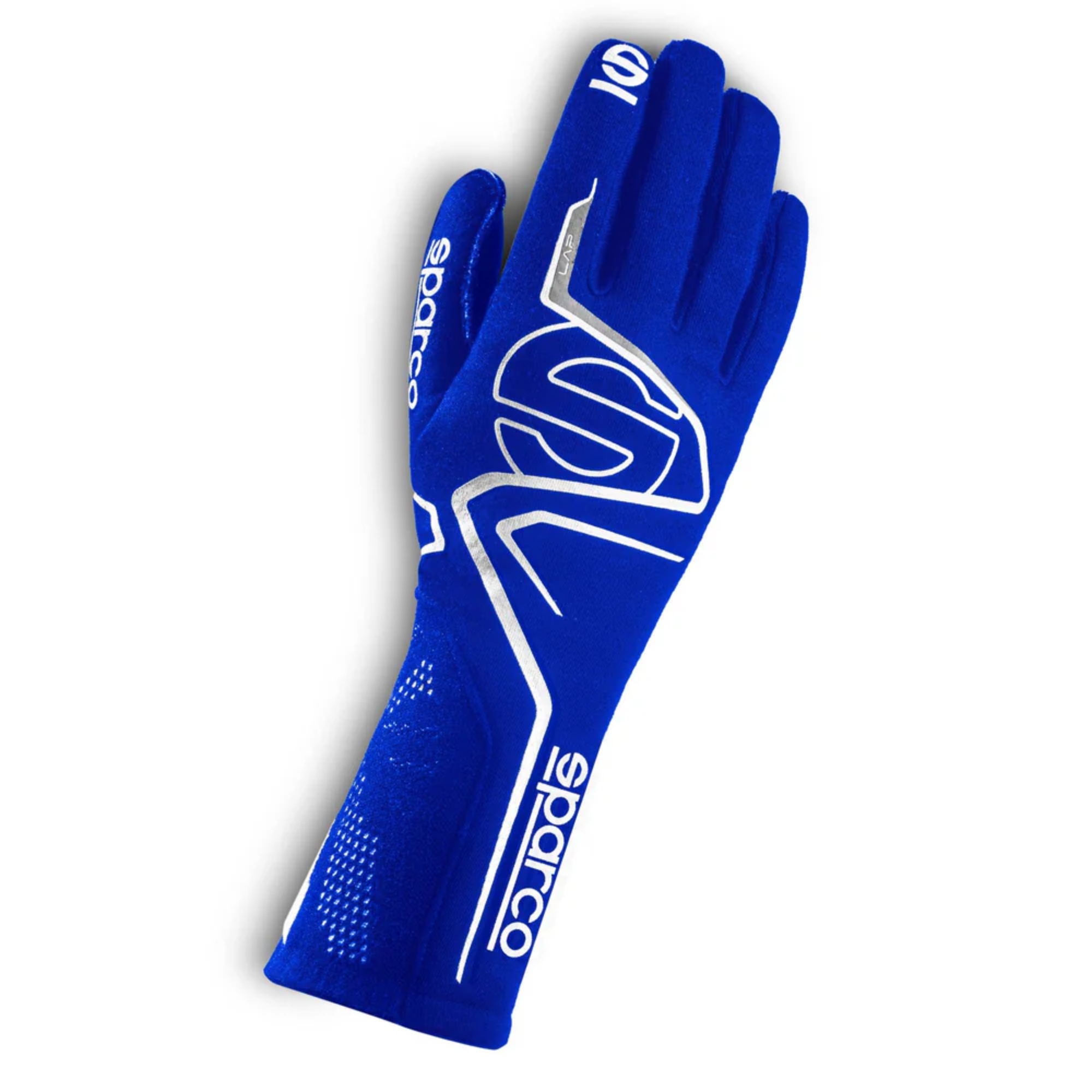 The blue and white Sparco Lap Racing Gloves.