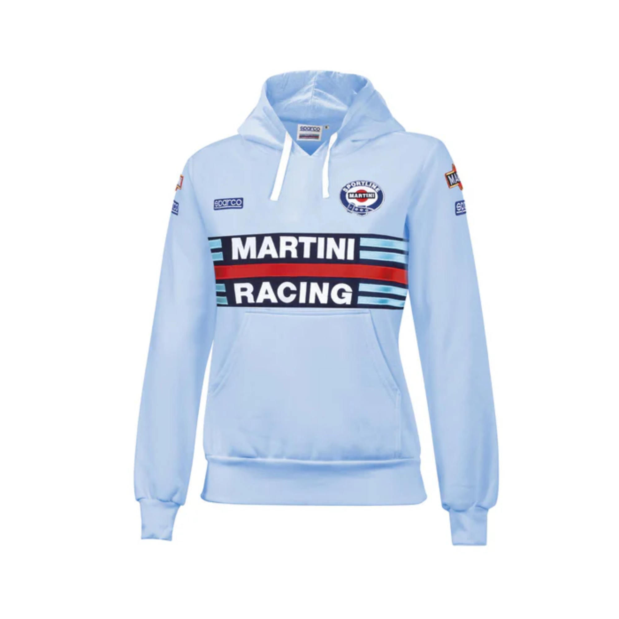 The front of the celeste Sparco Martini Racing Ladies Hooded Sweatshirt.