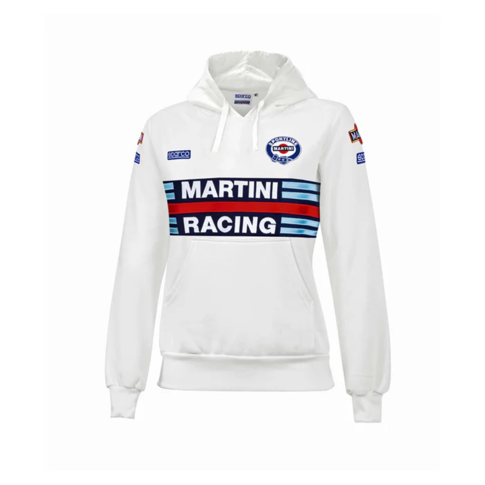 The front of the white Sparco Martini Racing Ladies Hooded Sweatshirt.