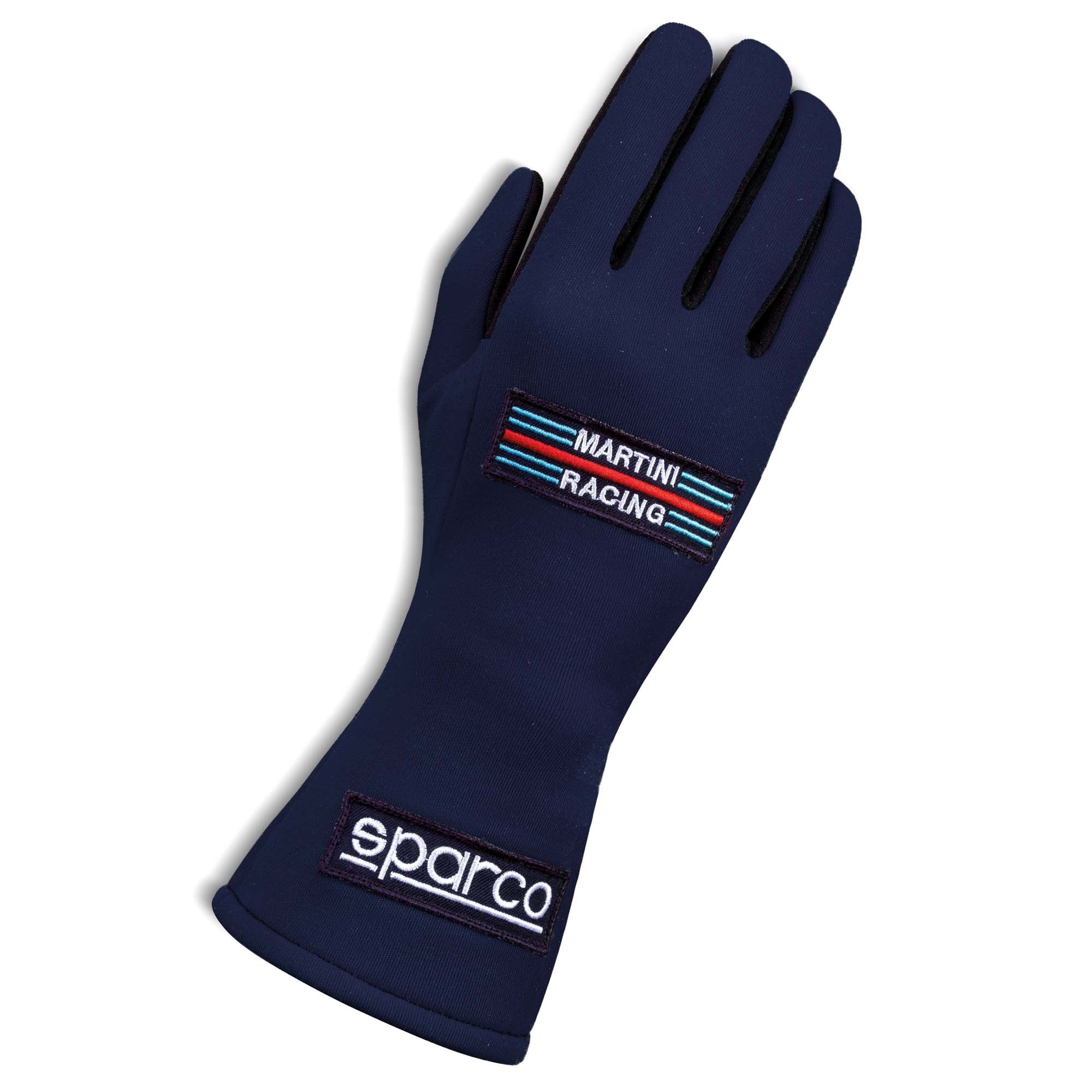 The 2021 Model Navy Sparco Martini Racing Land Racing Gloves showing a single glove.