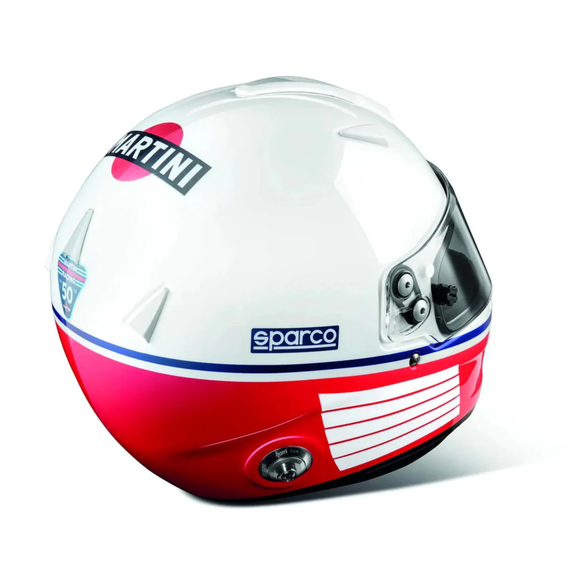 The back of the white, red and blue Sparco Martini Racing RF-5W SA2020 Helmet from Sparco.