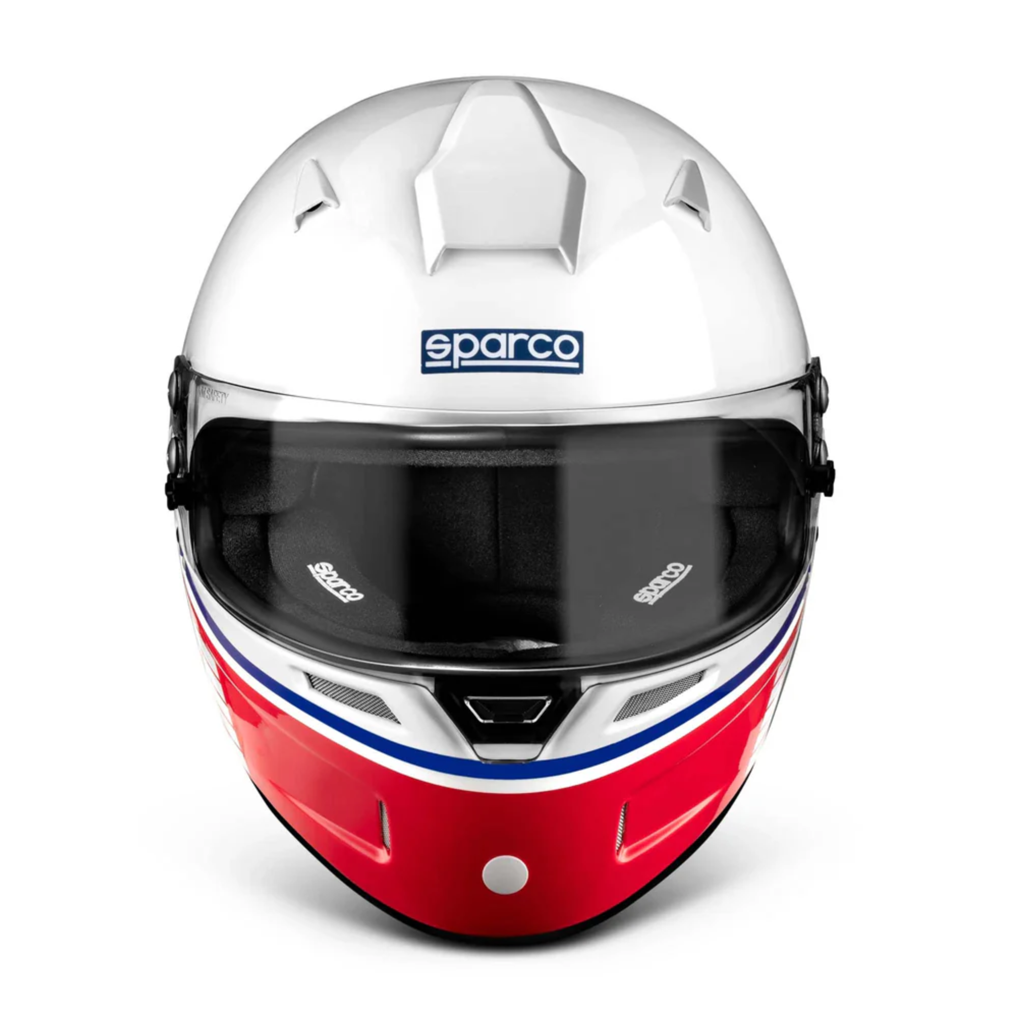 The front of the white, red and blue Sparco Martini Racing RF-5W SA2020 Helmet from Sparco.