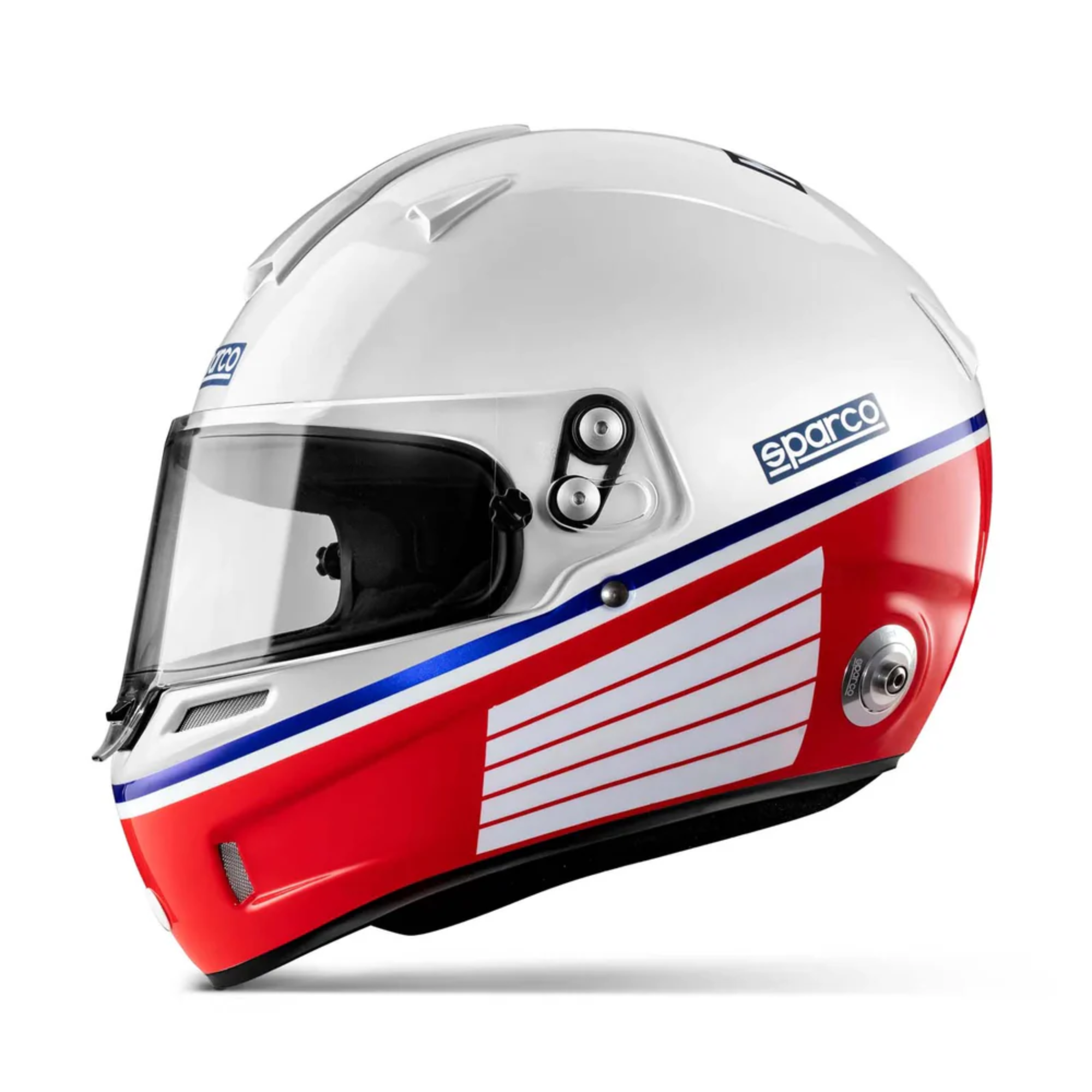 The side of the white, red and blue Sparco Martini Racing RF-5W SA2020 Helmet from Sparco.