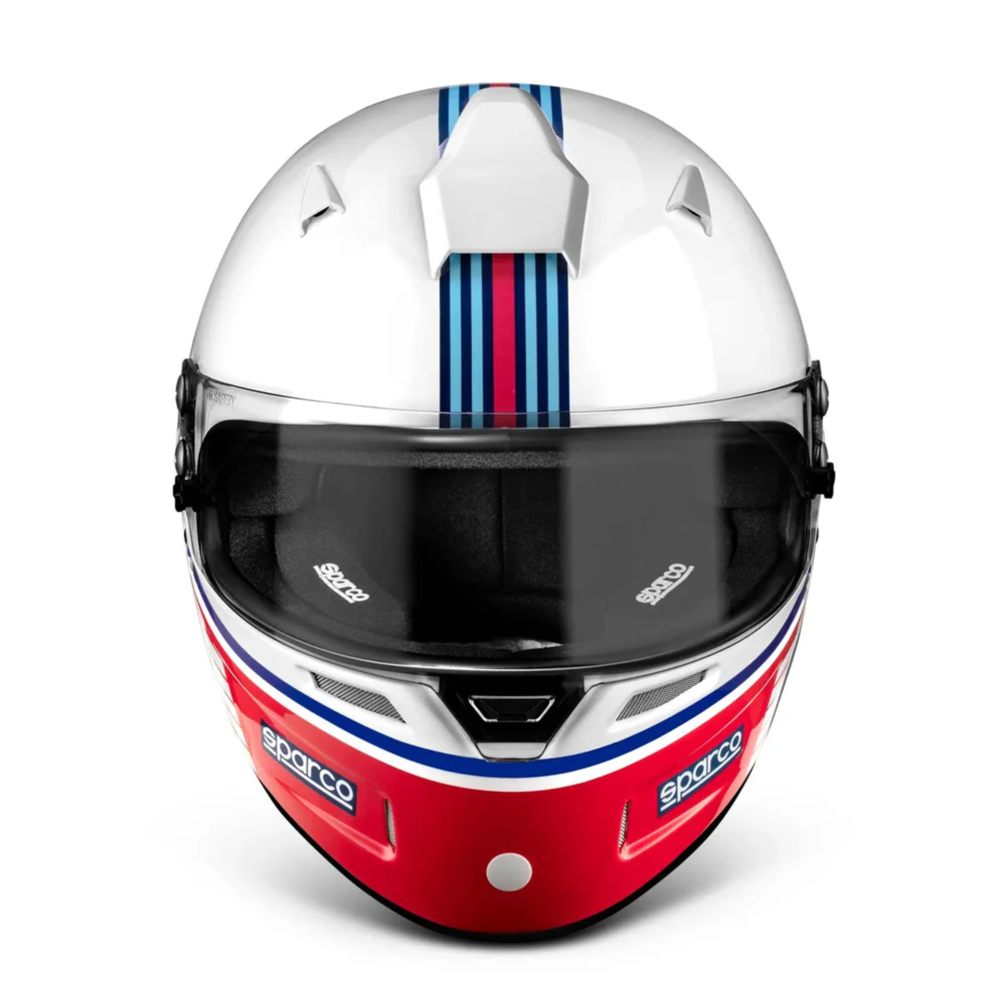 The front of the Sparco Martini Racing Stripes RF-5W SA2020 Helmet from Sparco.