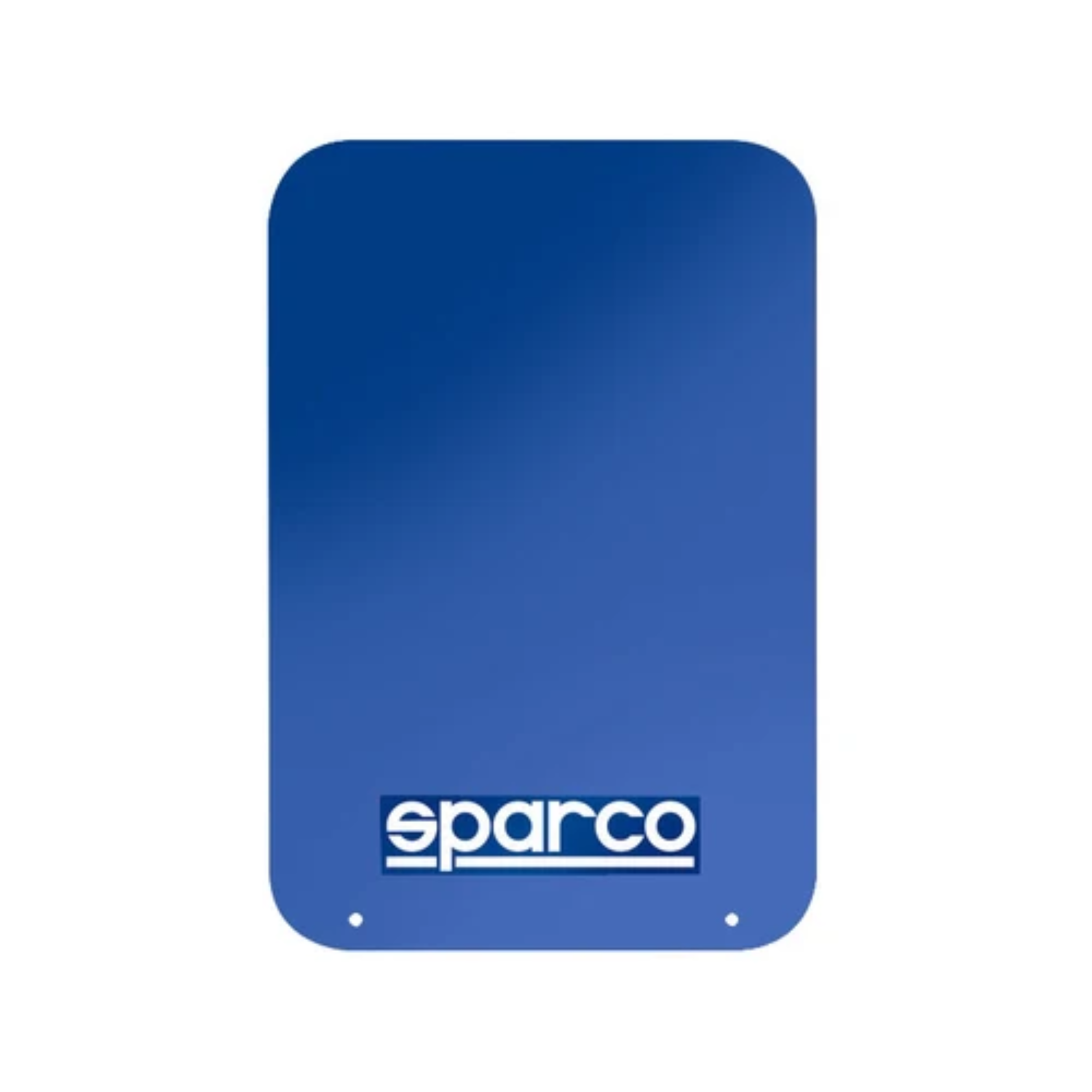 The blue Sparco Mud Flaps, a blue rectangular plate with the 'Sparco' logo on it. Comes in a set of two.