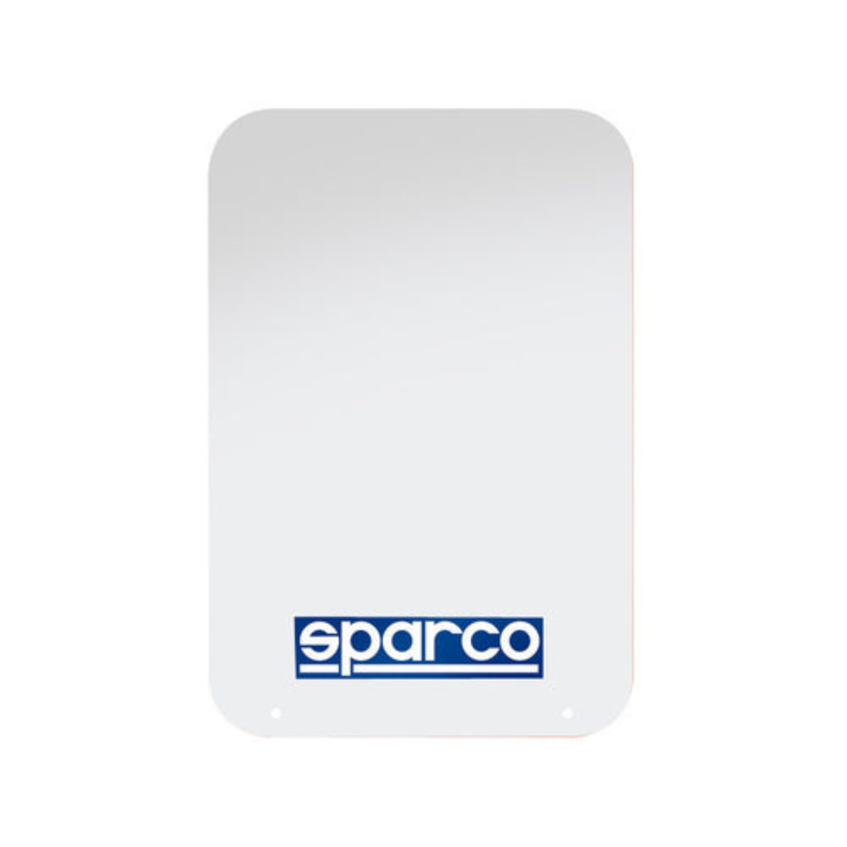 The blue Sparco Mud Flaps, a white rectangular plate with the 'Sparco' logo on it. Comes in a set of two.