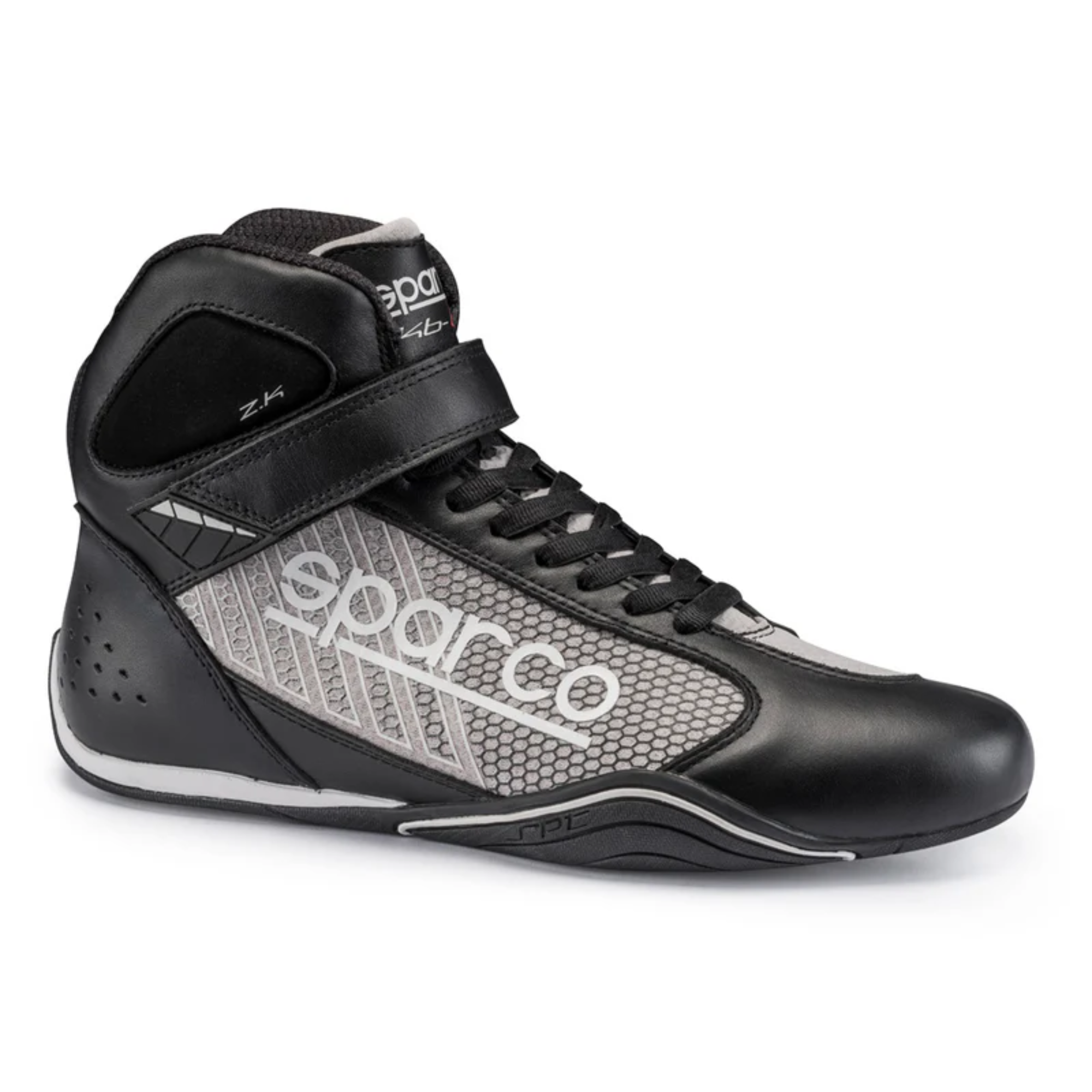 The black and silver Sparco Omega KB-6 Karting Shoe from Sparco from an angle.