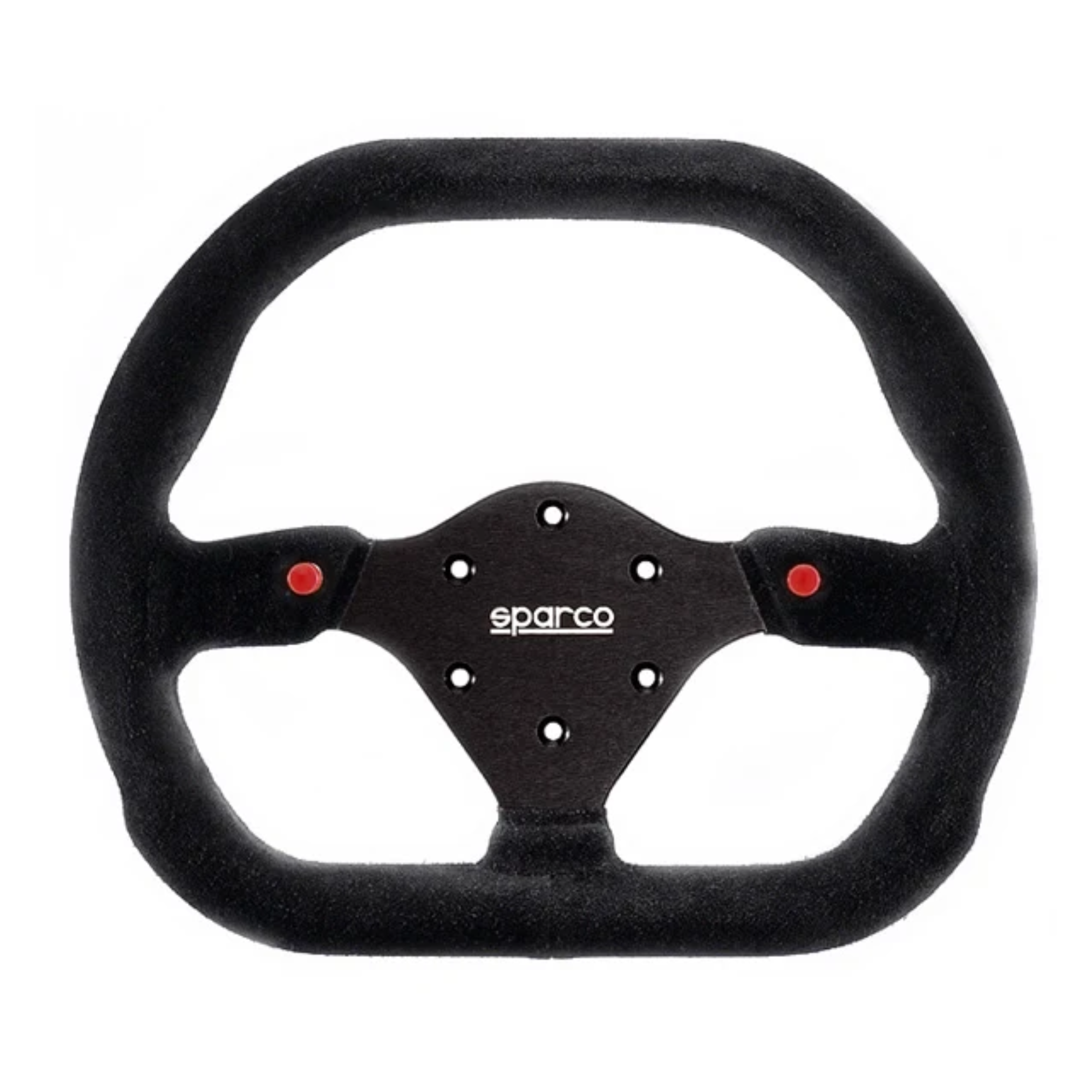 The Sparco P-310 Steering Wheel, a Sparco racing steering wheel with a black suede rim and a black center section featuring the white Sparco logo and small red buttons.