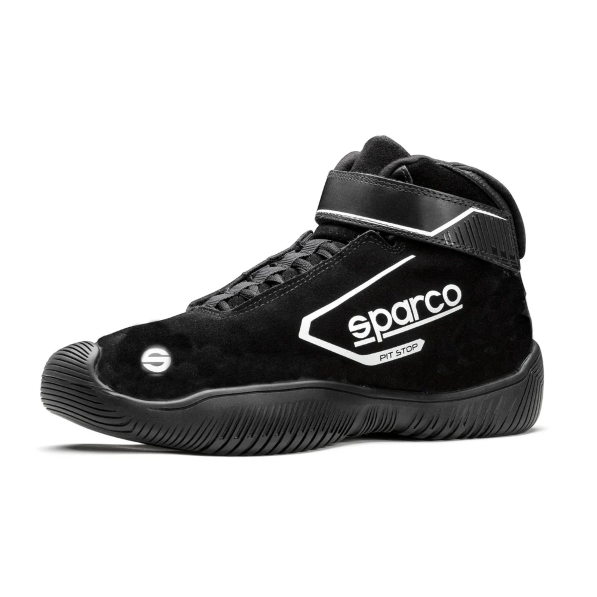 The black Sparco Pit Stop 2 Crew Shoes - SFI 3.3 with white accents.