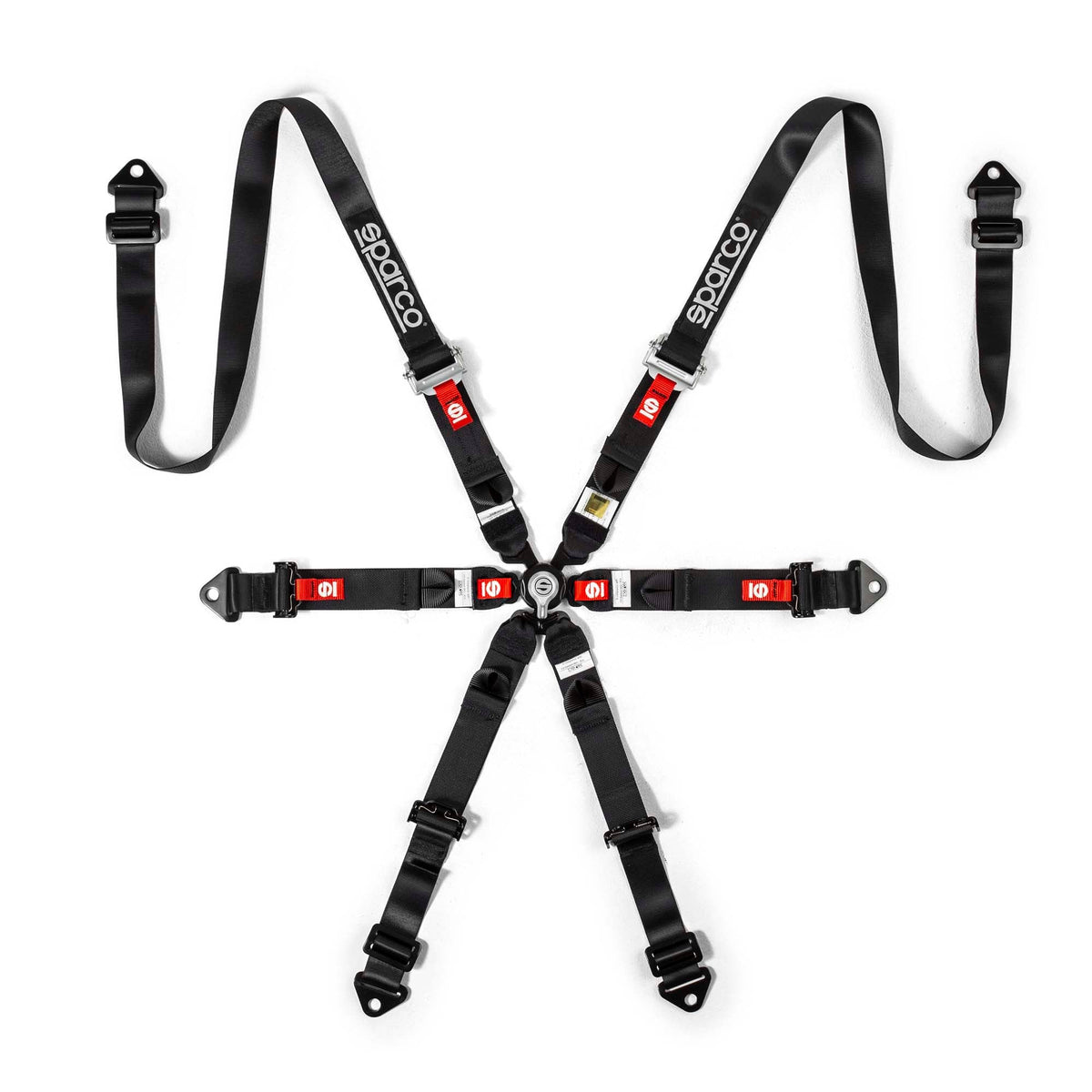 The FIA 8853-2016 homologated Sparco Prime H-8 Endurance Racing Harness, a black four-point car seat belt harness with silver metal buckles and red release buttons, featuring the brand name 'SARCO' printed in white on the straps, laid out symmetrically.
