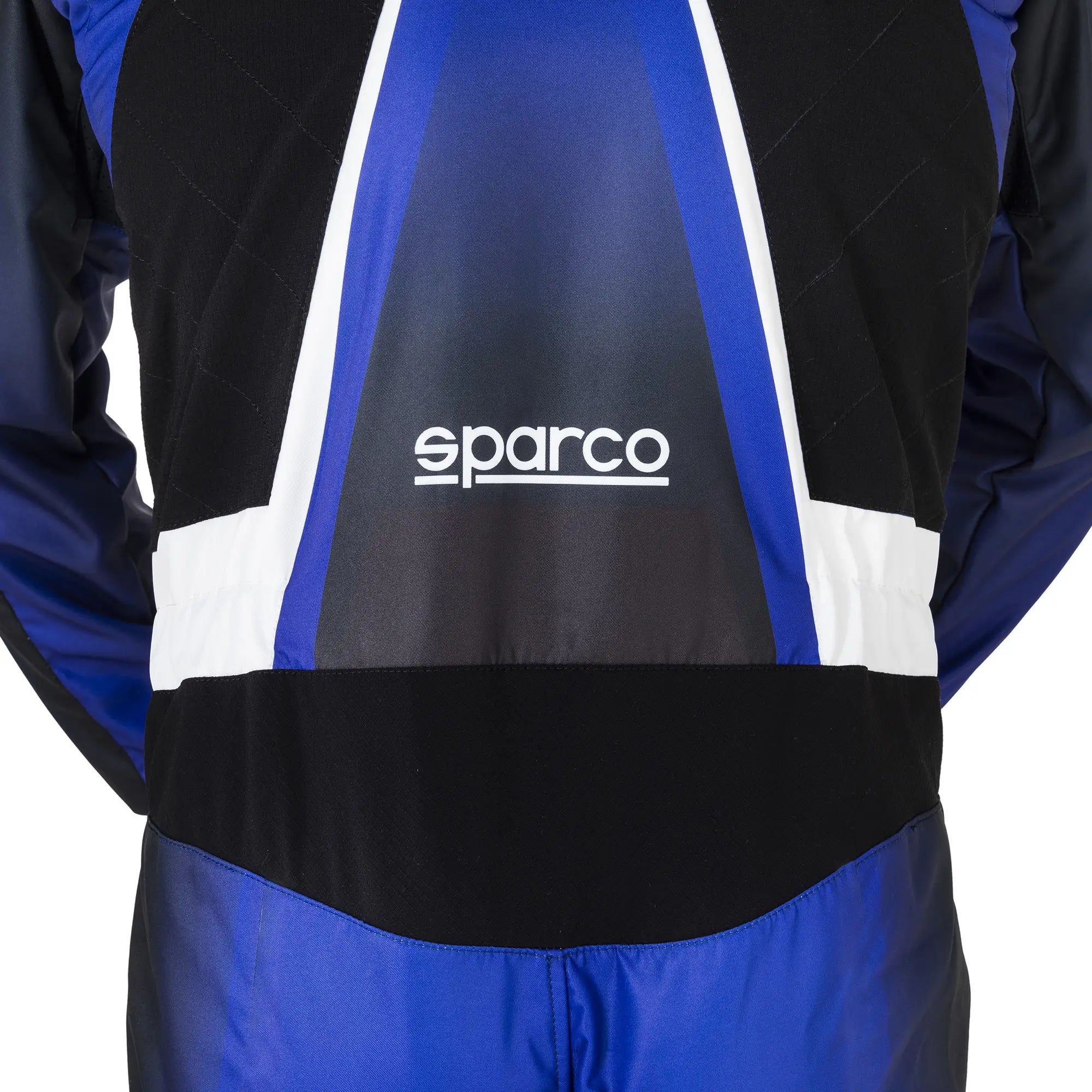 The back of the blue and white Sparco Prime K Advanced Kart Racing Suit in detail.