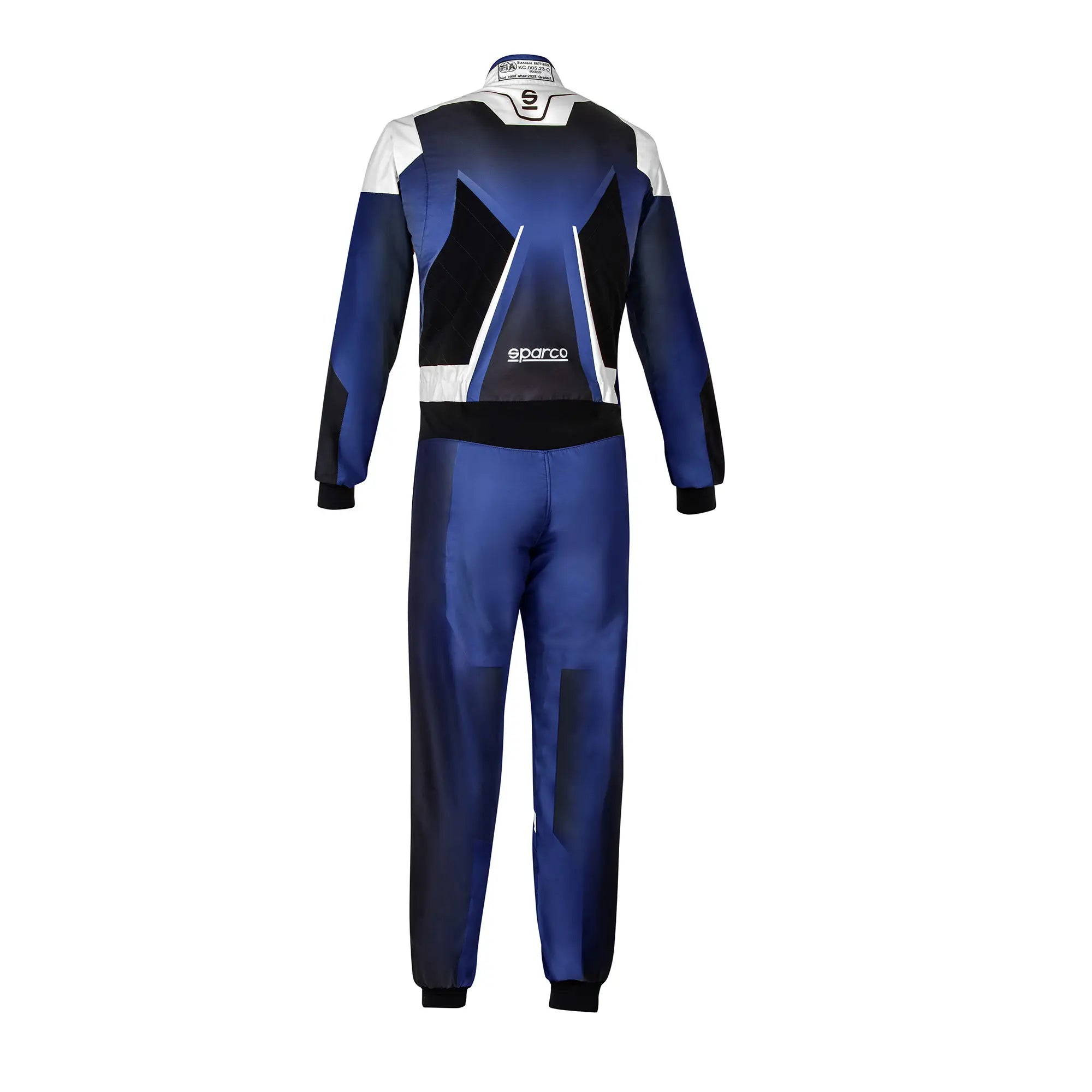 The back of the blue and white Sparco Prime K Advanced Kart Racing Suit.