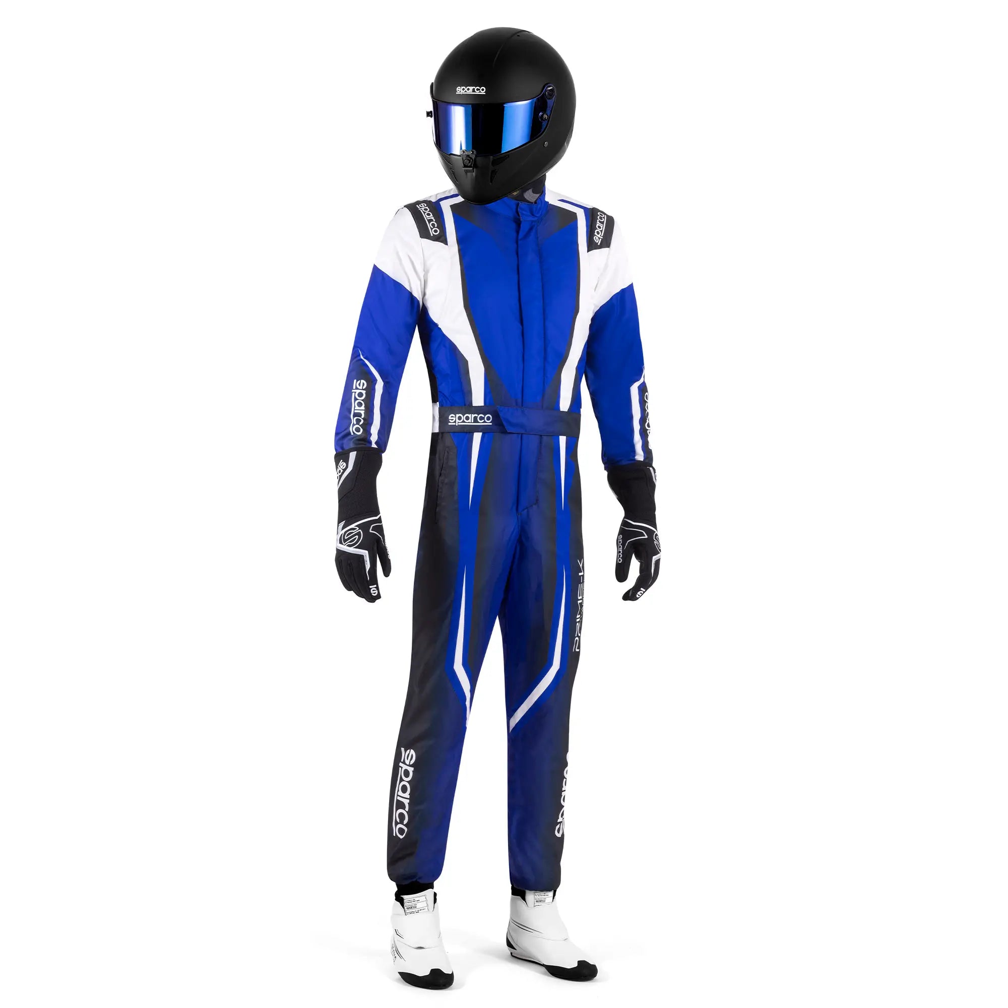 The blue and white Sparco Prime K Advanced Kart Racing Suit worn by a race car driver model.