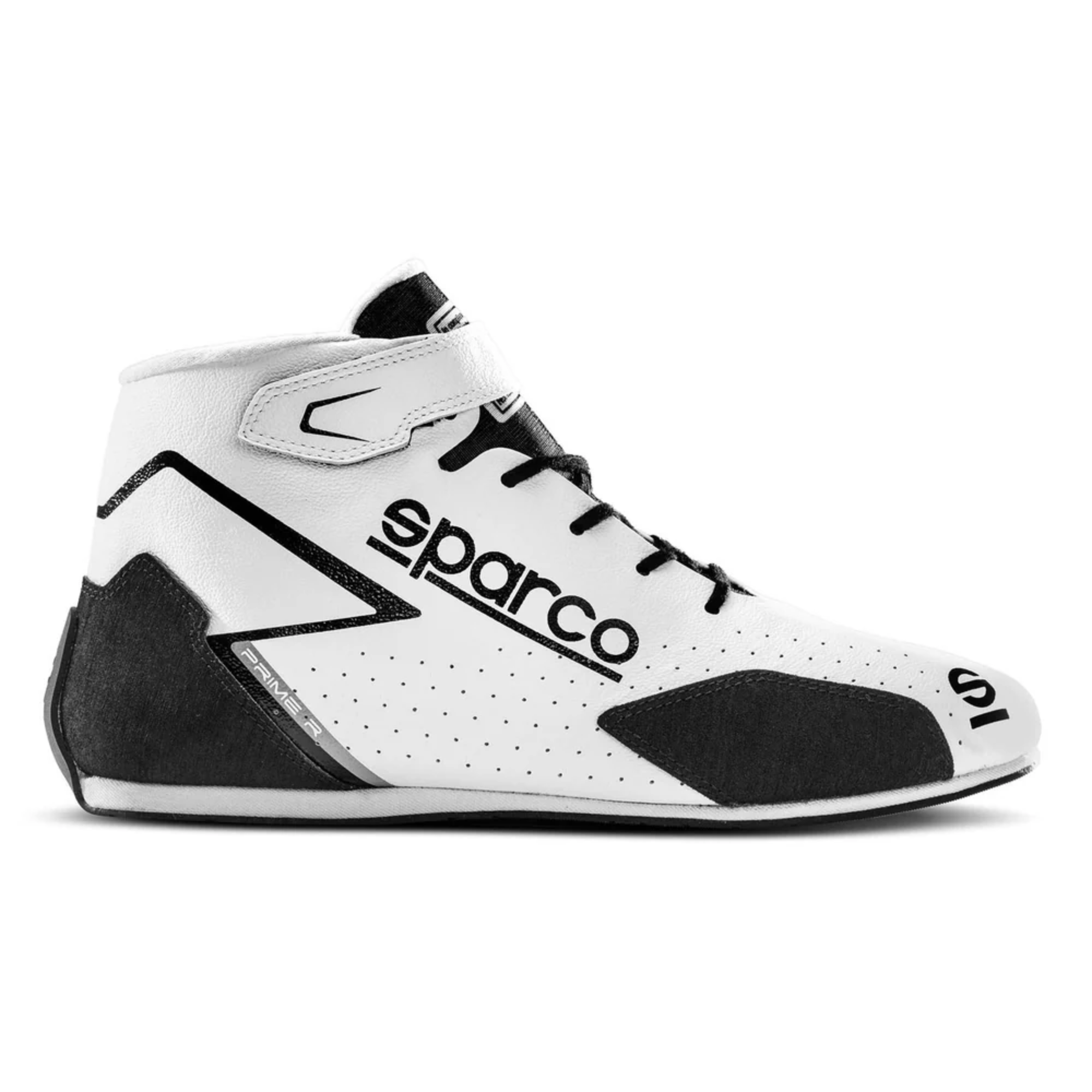 The side of the white and black Sparco Prime-R Racing Shoes.
