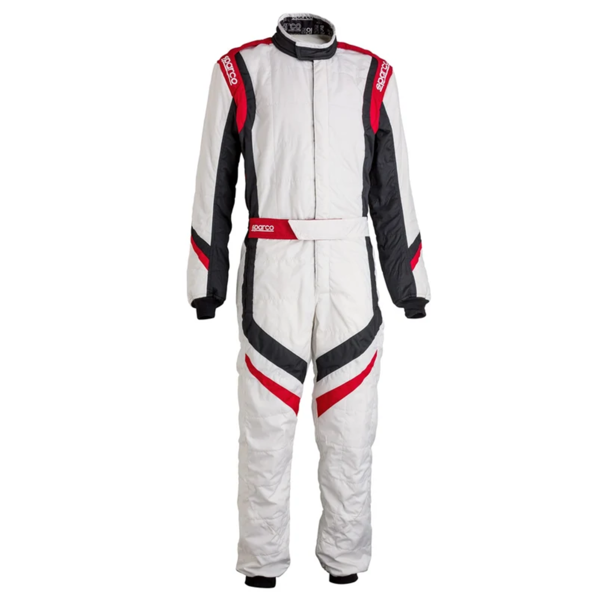 The front of the white, black and red FIA 8856-2000 homologated Sparco Prime SP-16 Special Edition Racing Suit.